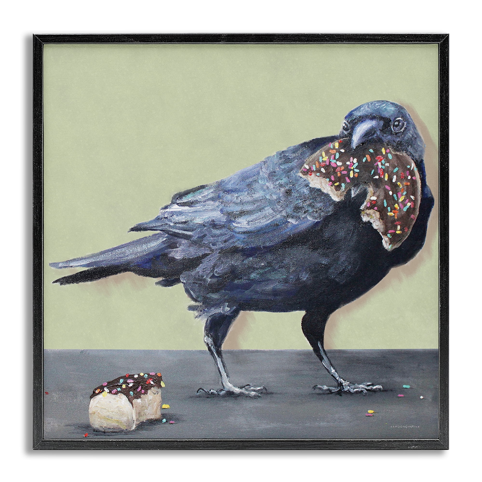 Stupell Industries Crow Eating Donut Food & Beverage Painting Gray Framed Art Print Wall Art, 12 x 12