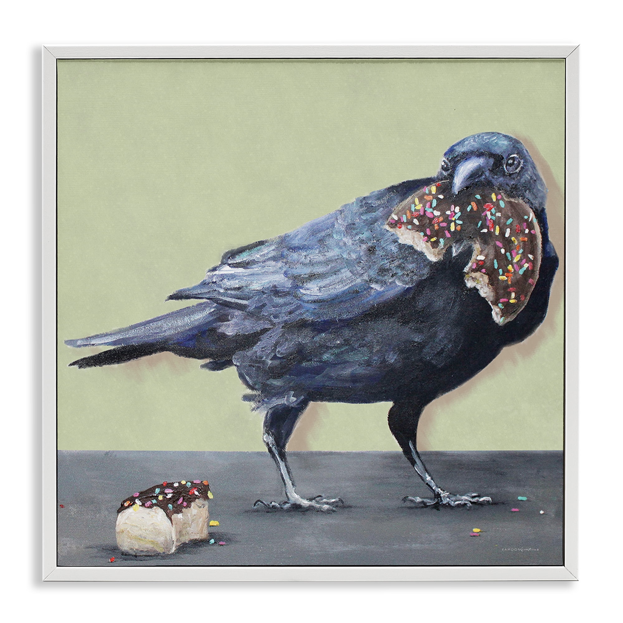 Stupell Industries Crow Eating Donut Food & Beverage Painting White Framed Art Print Wall Art, 24 x 24
