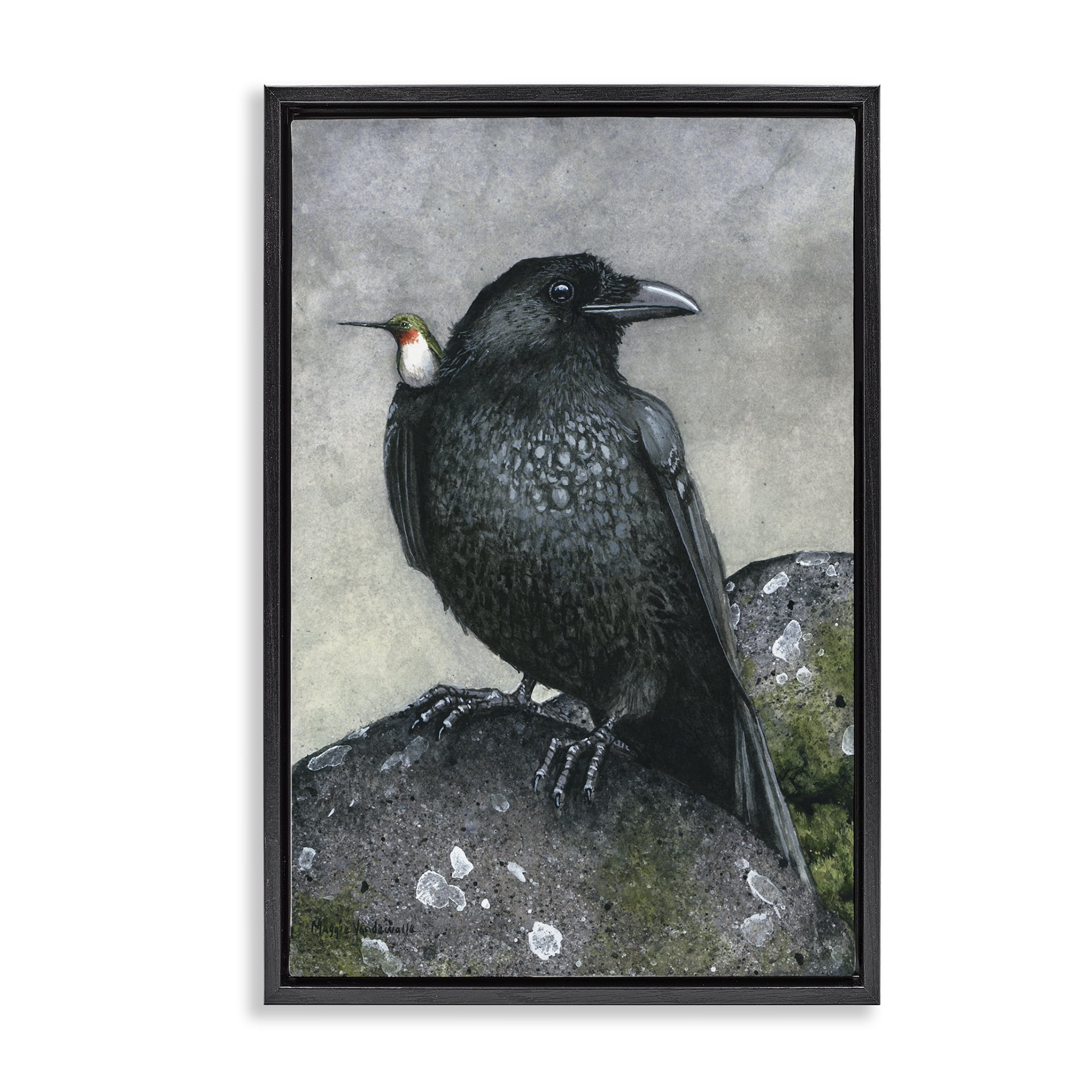 Stupell Industries Crow & Hummingbird Perched Animals & Insects Painting Black Floater Framed Canvas Art Print Wall Art, 21 x 31
