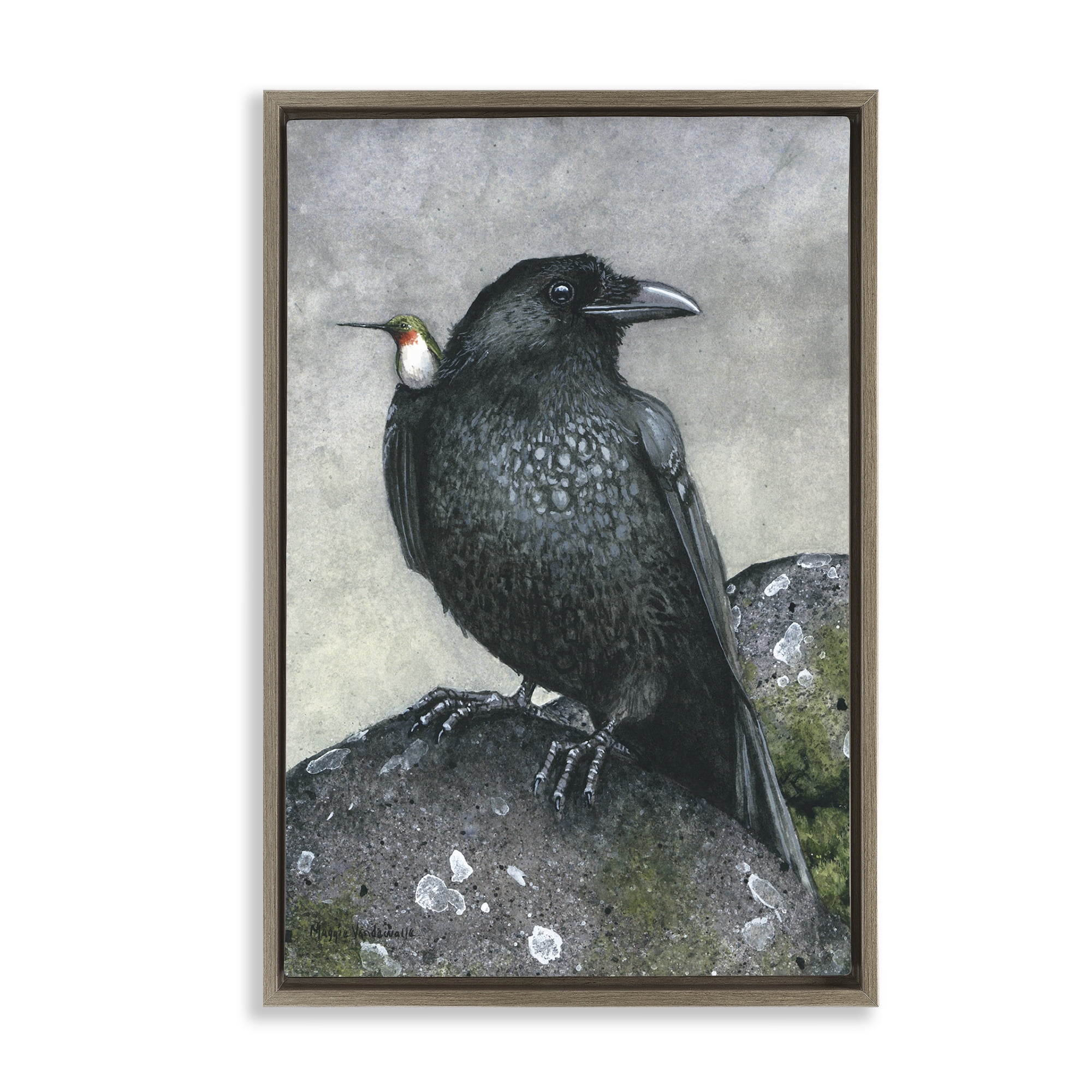 Stupell Industries Crow & Hummingbird Perched Animals & Insects Painting Brown Floater Framed Canvas Art Print Wall Art, 21 x 31