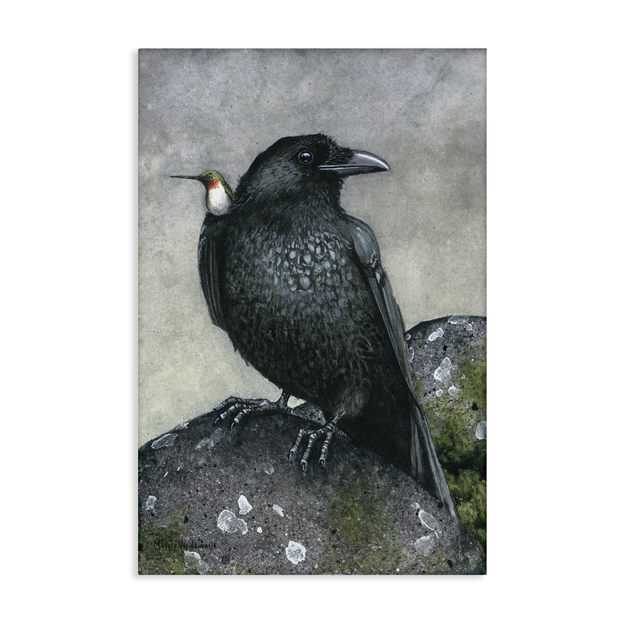 Crow and Hummingbird Perched Canvas Wall Art 16x24