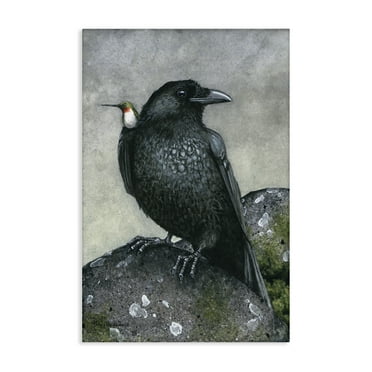 Stupell Industries Crow & Hummingbird Perched Animals & Insects Painting Gallery Wrapped Canvas Art Print Wall Art, 16 x 24