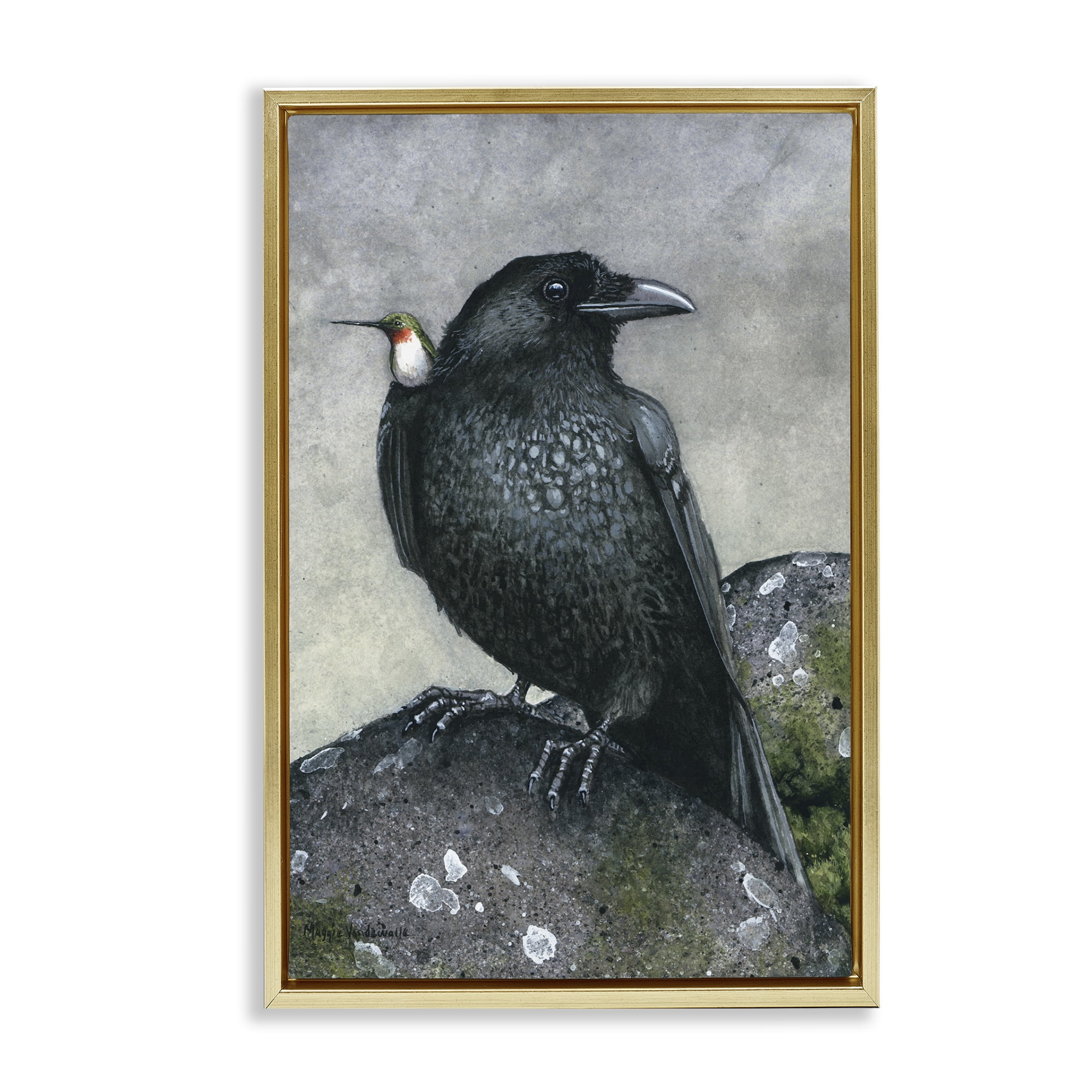 Stupell Industries Crow & Hummingbird Perched Animals & Insects Painting Gold Floater Framed Canvas Art Print Wall Art, 17 x 25