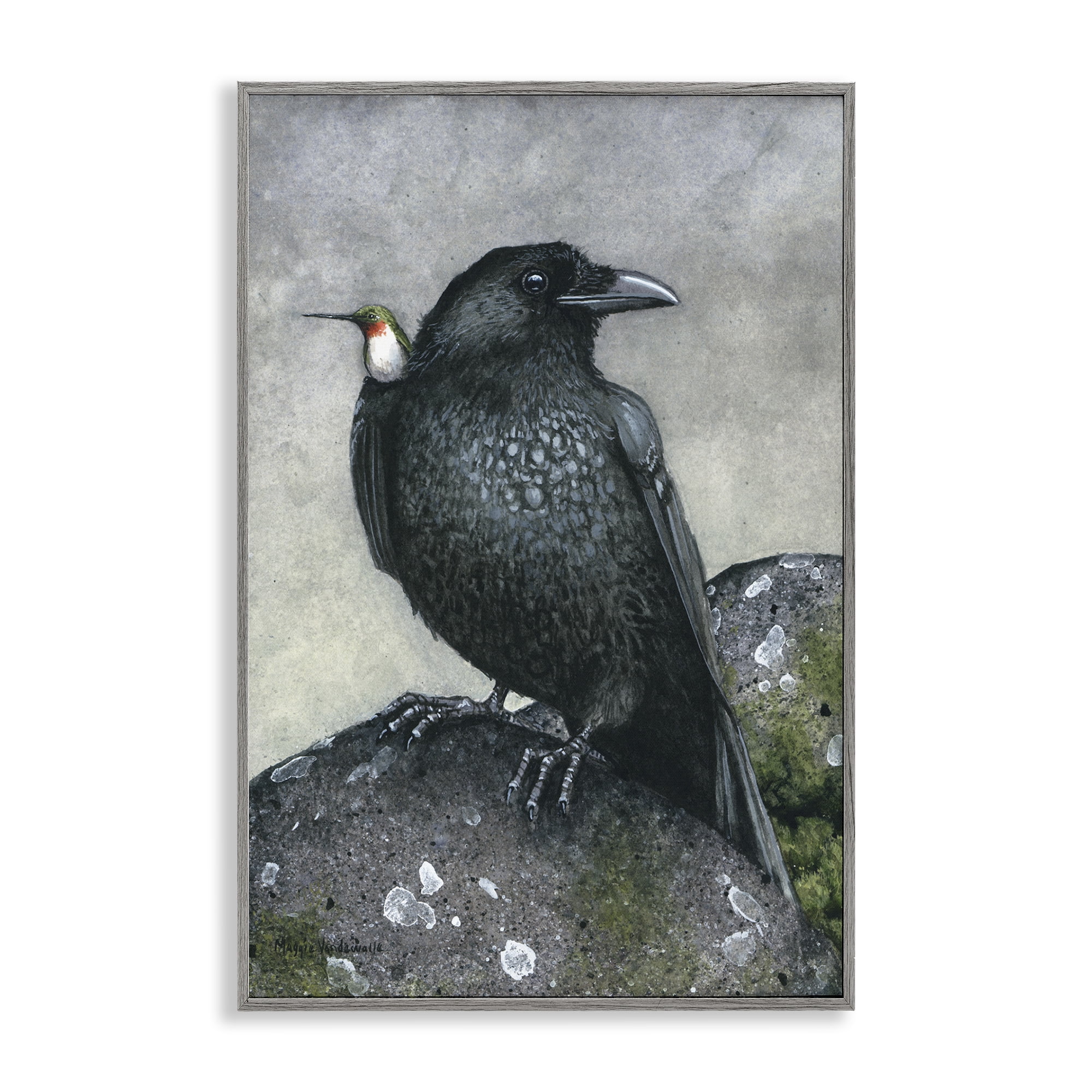 Stupell Industries Crow & Hummingbird Perched Animals & Insects Painting Gray Framed Art Print Wall Art, 20 x 30