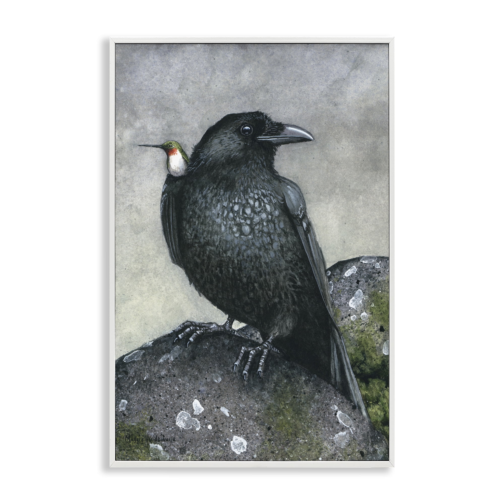 Stupell Industries Crow & Hummingbird Perched Animals & Insects Painting White Framed Art Print Wall Art, 16 x 24