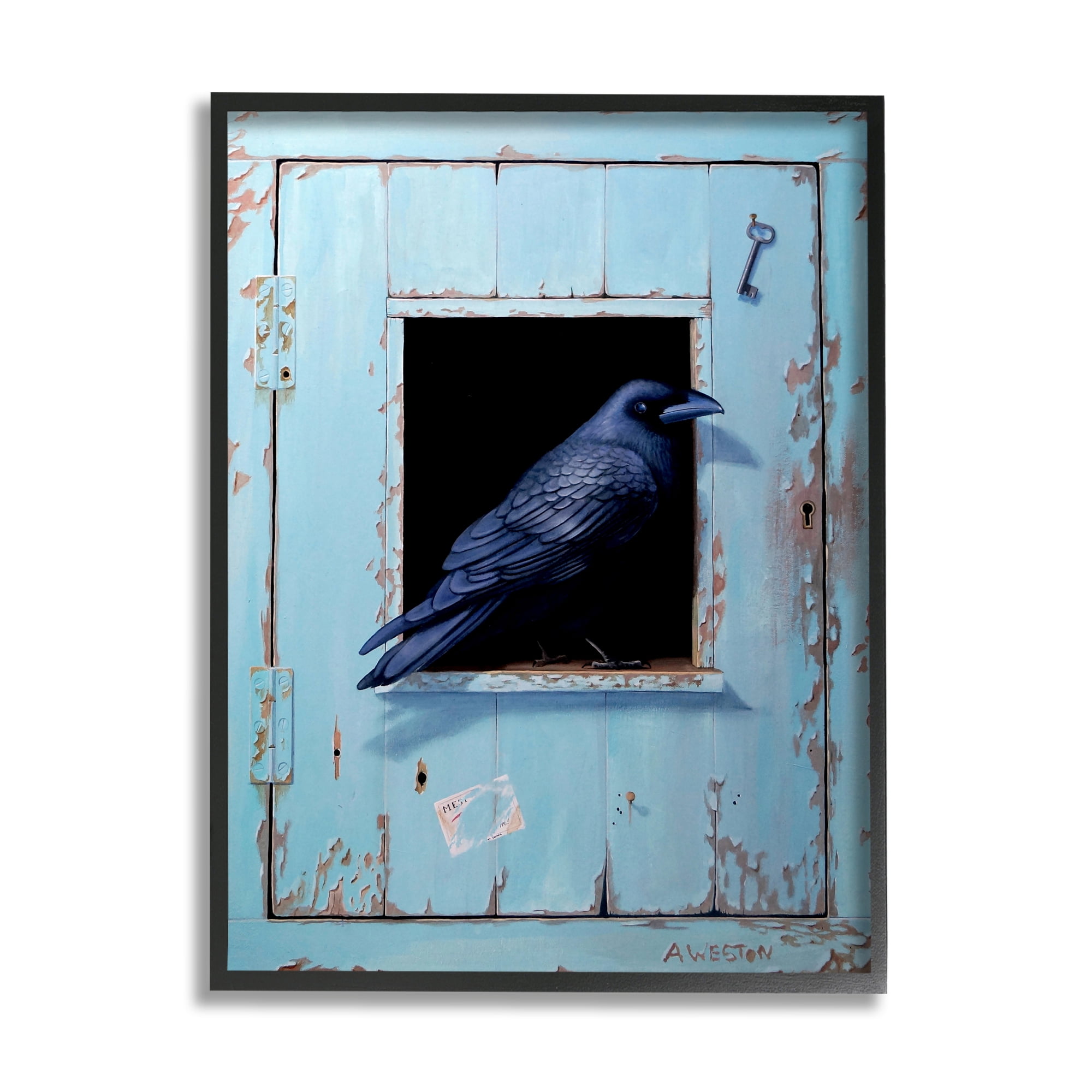 Stupell Industries Crow Perched Rustic Blue Door Hanging Key Painting Black Framed Art Print Wall Art, Design by Alan Weston