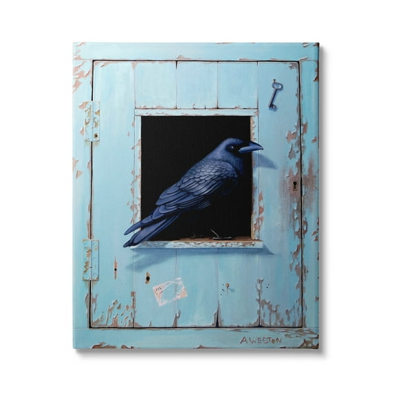 Stupell Industries Crow Perched Rustic Blue Door Hanging Key Painting Gallery Wrapped Canvas Print Wall Art, Design by Alan Weston