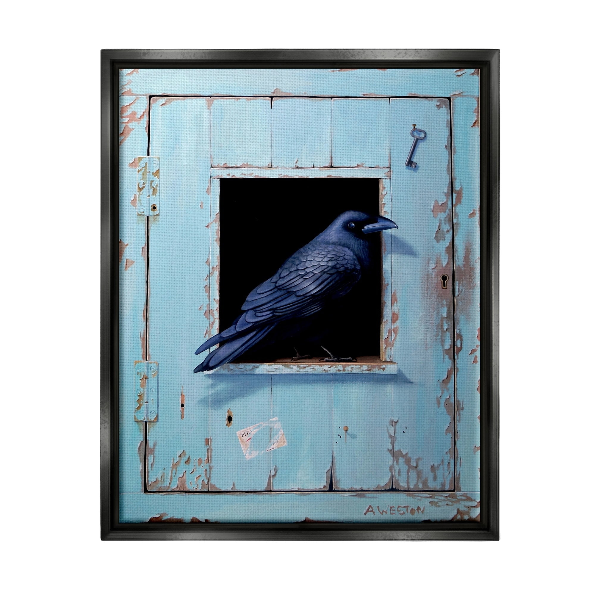 Stupell Industries Crow Perched Rustic Blue Door Hanging Key Painting Jet Black Floating Framed Canvas Print Wall Art, Design by Alan Weston