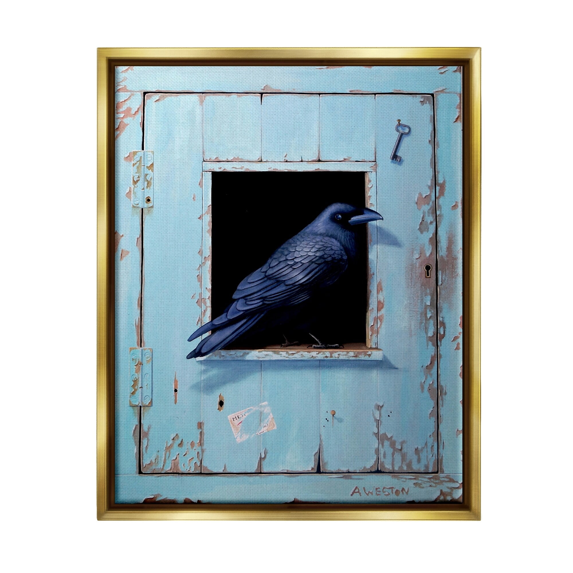 Stupell Industries Crow Perched Rustic Blue Door Hanging Key Painting Metallic Gold Floating Framed Canvas Print Wall Art, Design by Alan Weston