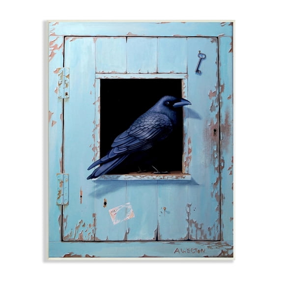 Stupell Industries Crow Perched Rustic Blue Door Hanging Key Painting Unframed Art Print Wall Art, Design by Alan Weston