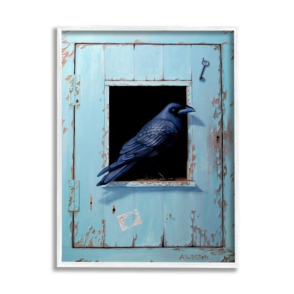Stupell Industries Crow Perched Rustic Blue Door Hanging Key Painting White Framed Art Print Wall Art, Design by Alan Weston