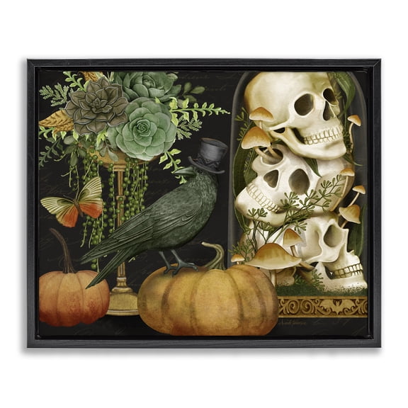 Stupell Industries Crow & Skulls Academia Black Framed Floater Canvas Wall Art design by Nicole Tamarin, 17 x 21