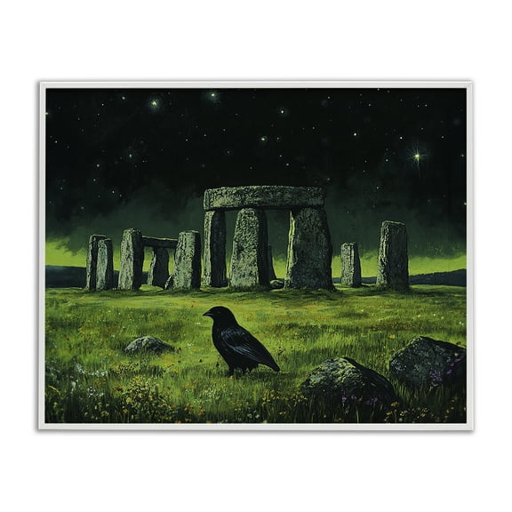 Stupell Industries Crow & Stonehenge at Night Landscape & Nature Painting White Framed Art Print Wall Art, 20 x 16