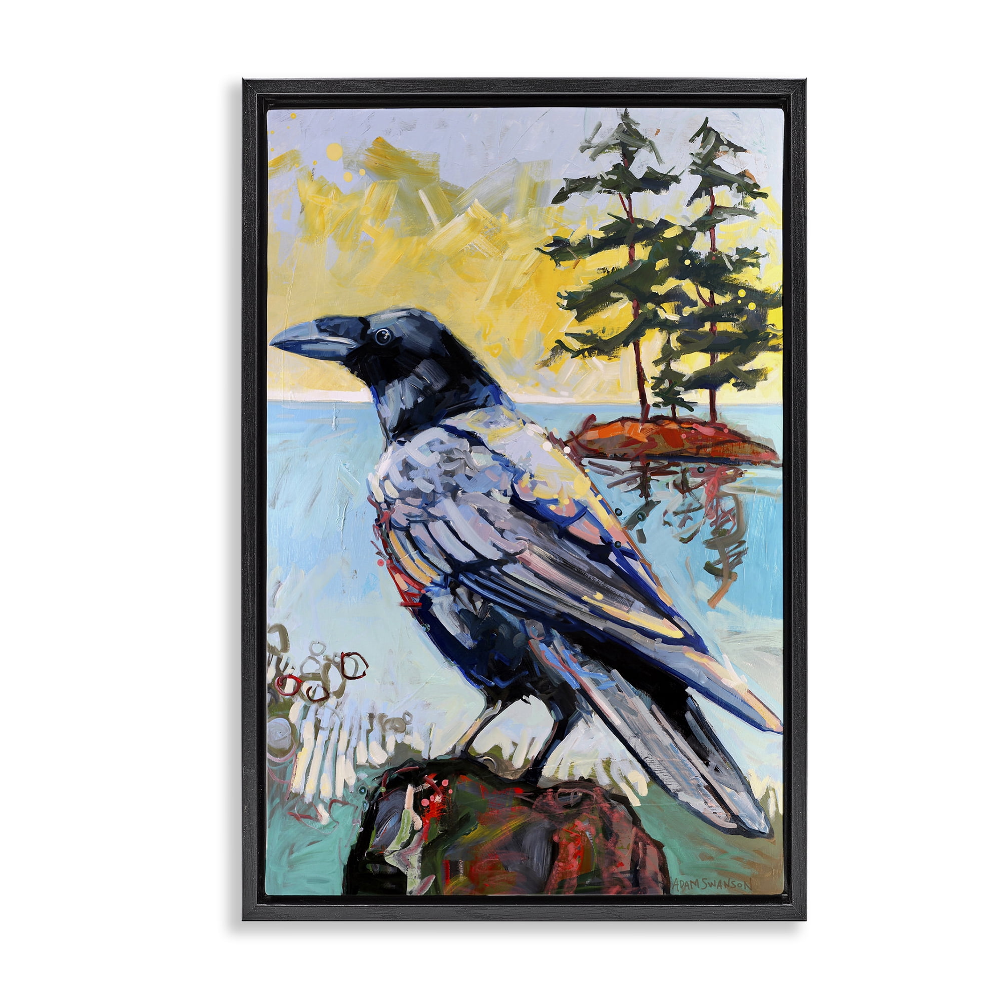 Stupell Industries Crow in Modern Landscape Birds Painting Black Floater Framed Canvas Art Print Wall Art, 21 x 31