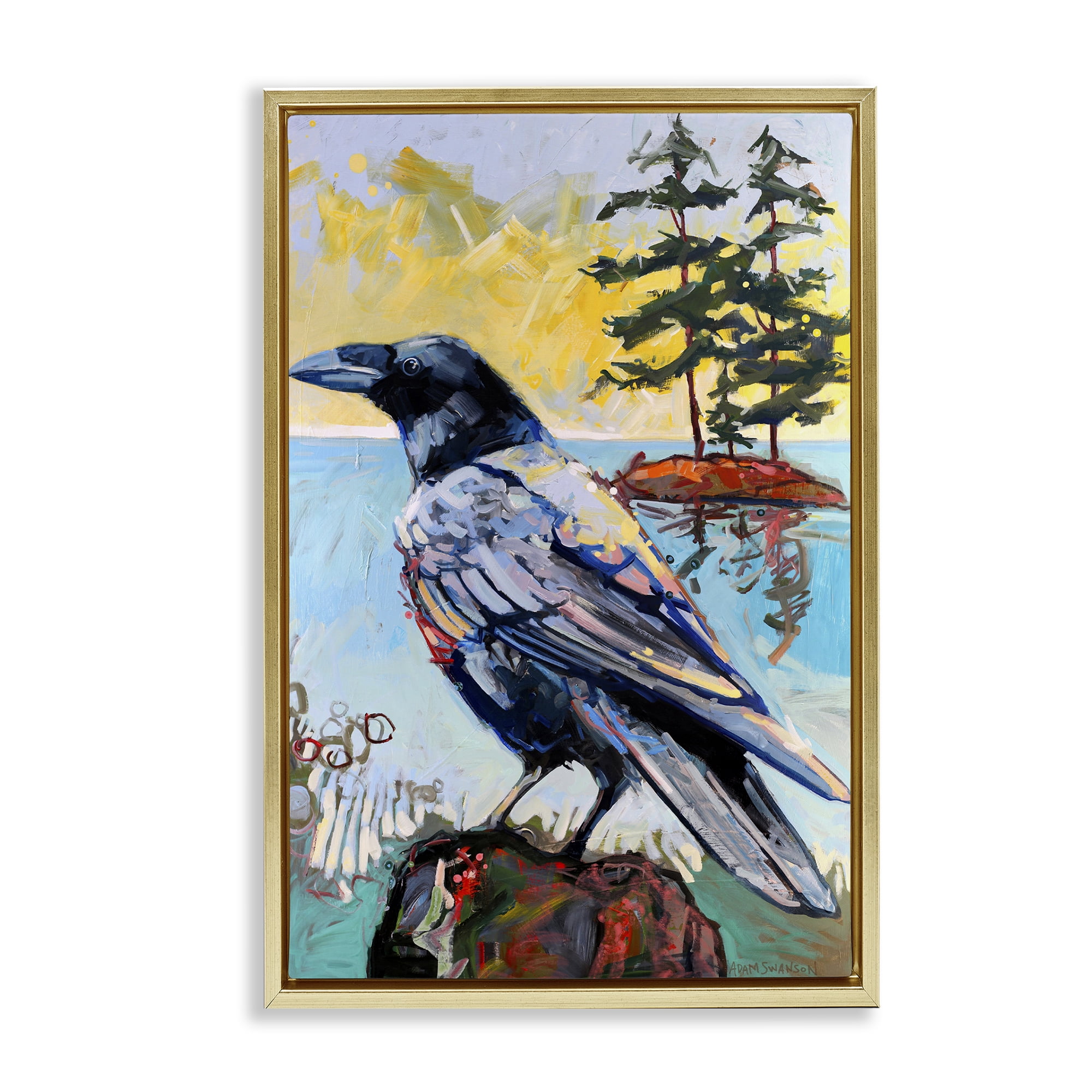 Stupell Industries Crow in Modern Landscape Birds Painting Gold Floater Framed Canvas Art Print Wall Art, 21 x 31