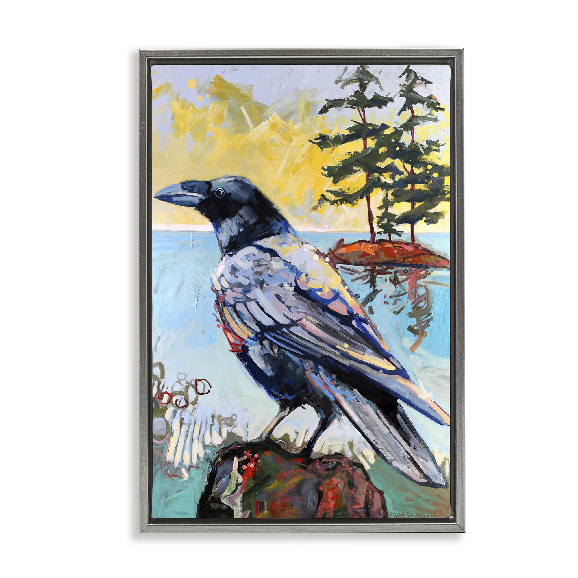 Stupell Industries Crow in Modern Landscape Birds Painting Gray Floater Framed Canvas Art Print Wall Art, 17 x 25