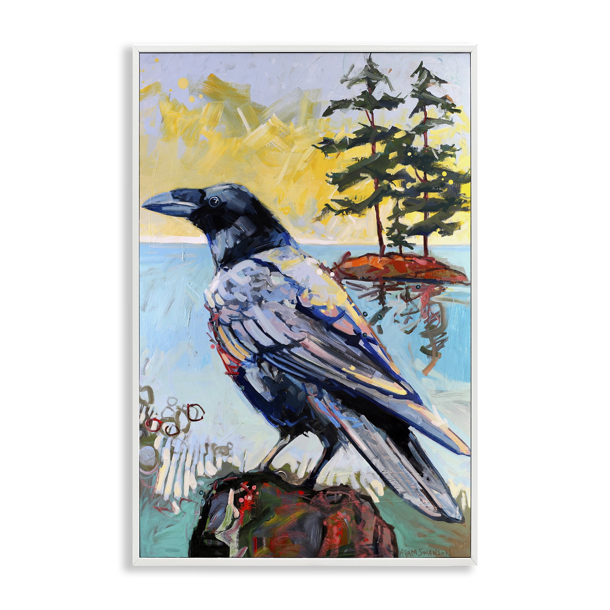 Stupell Industries Crow in Modern Landscape Birds Painting White Framed Art Print Wall Art, 12 x 18