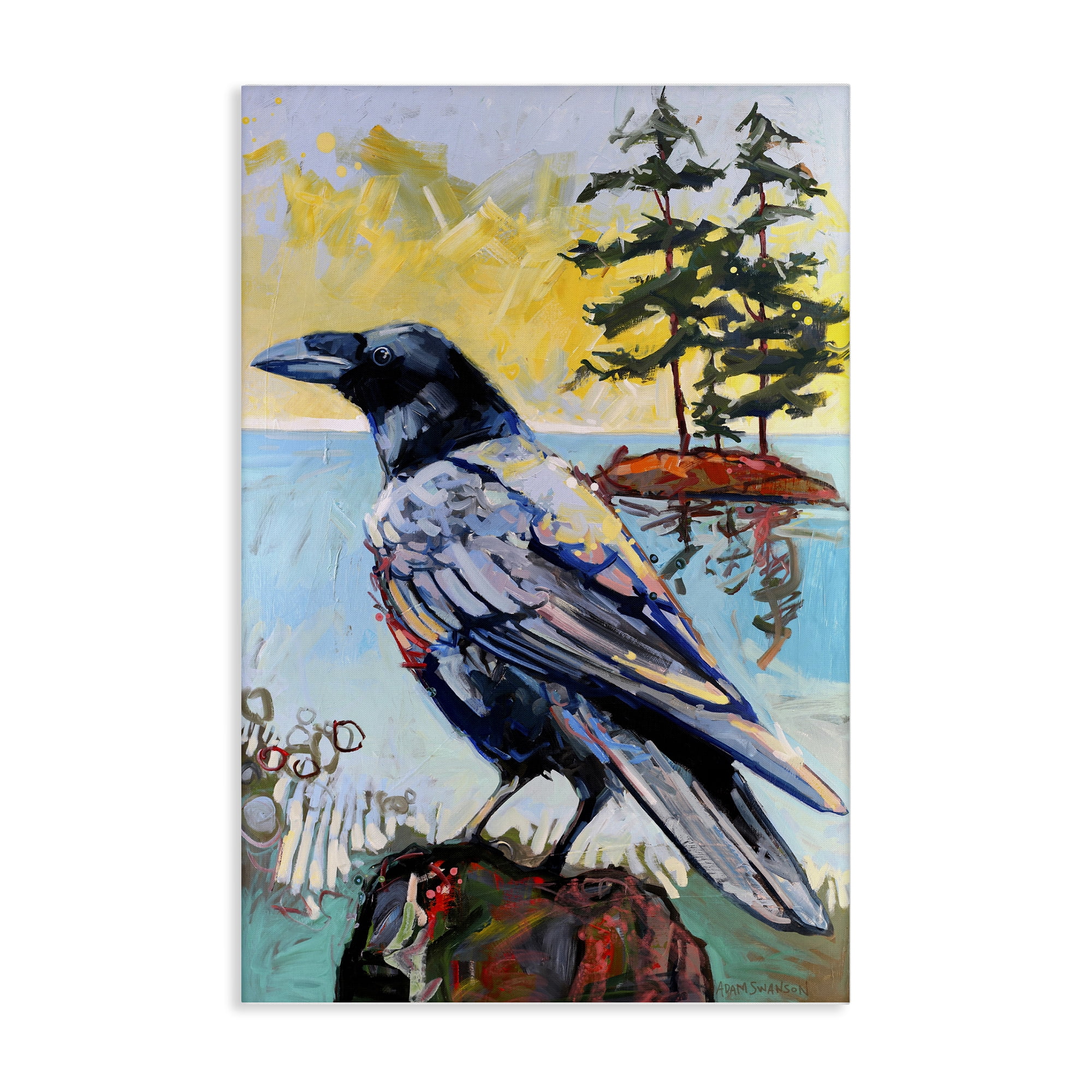 Stupell Industries Crow in Modern Landscape Birds Painting Wrapped Canvas Art Print Wall Art, 24 x 36