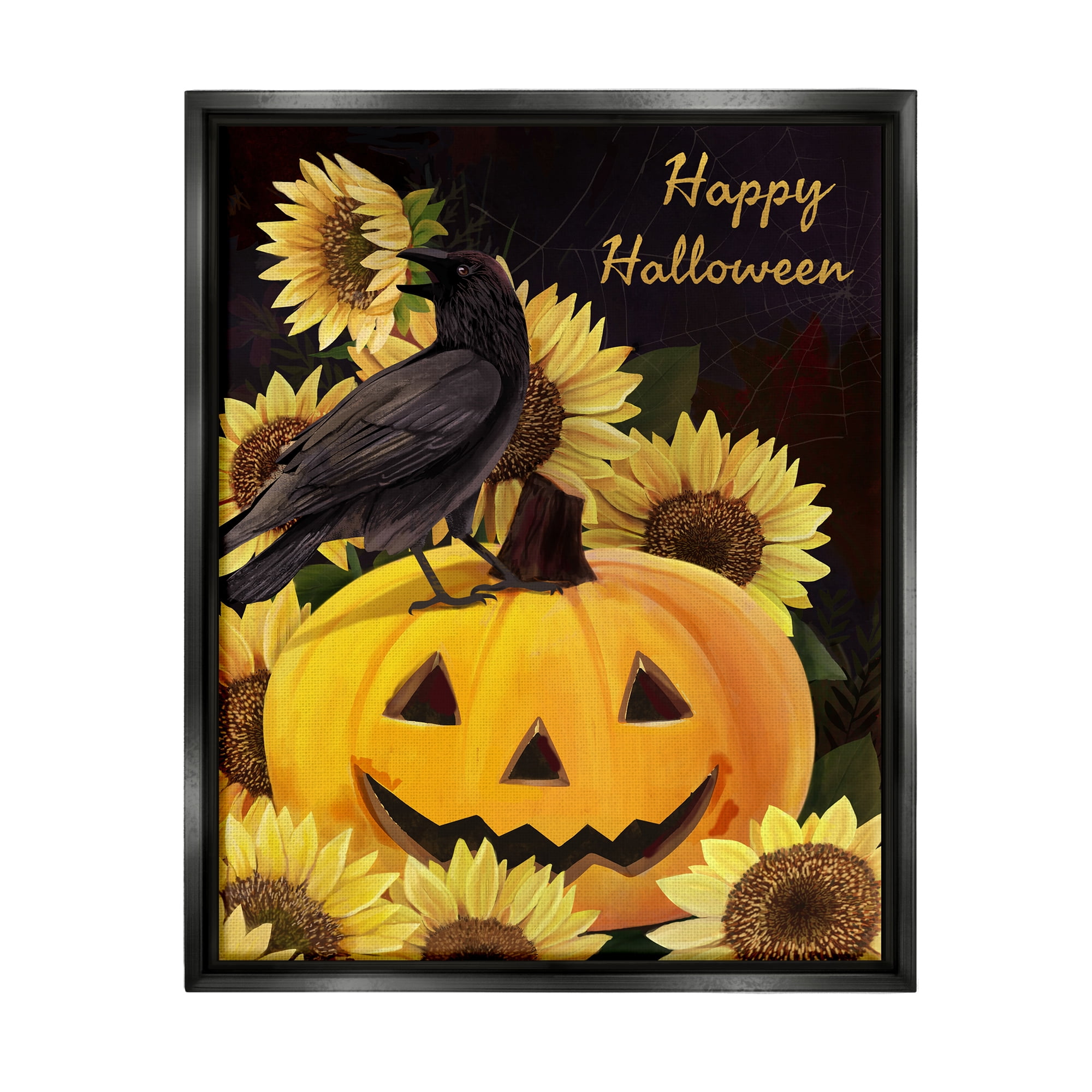 Stupell Industries Crow on Jack-o-Lantern Holiday Painting Black Floater Framed Art Print Wall Art, 25 x 31