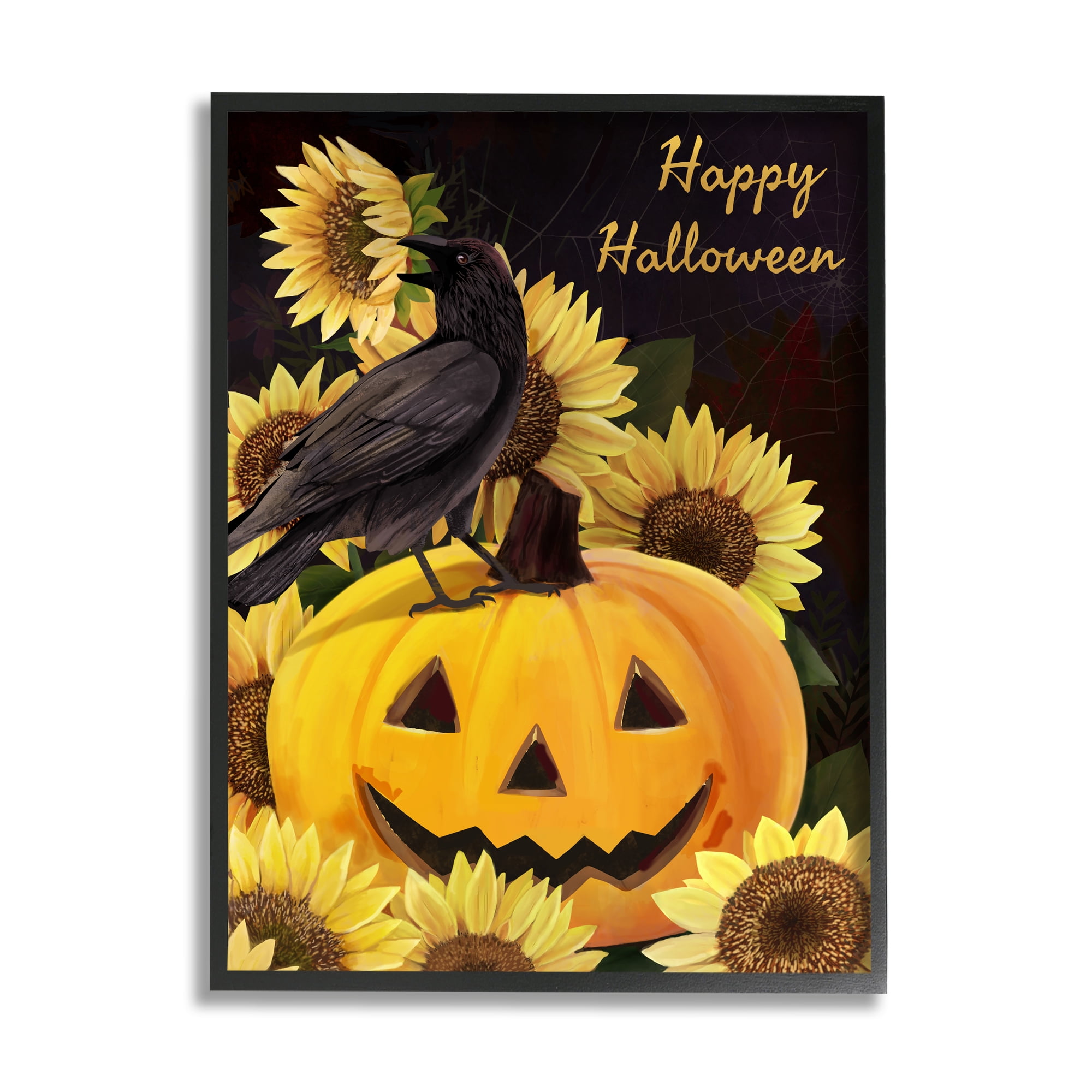 Stupell Industries Crow on Jack-o-Lantern Holiday Painting Black Framed Art Print Wall Art, 24 x 30