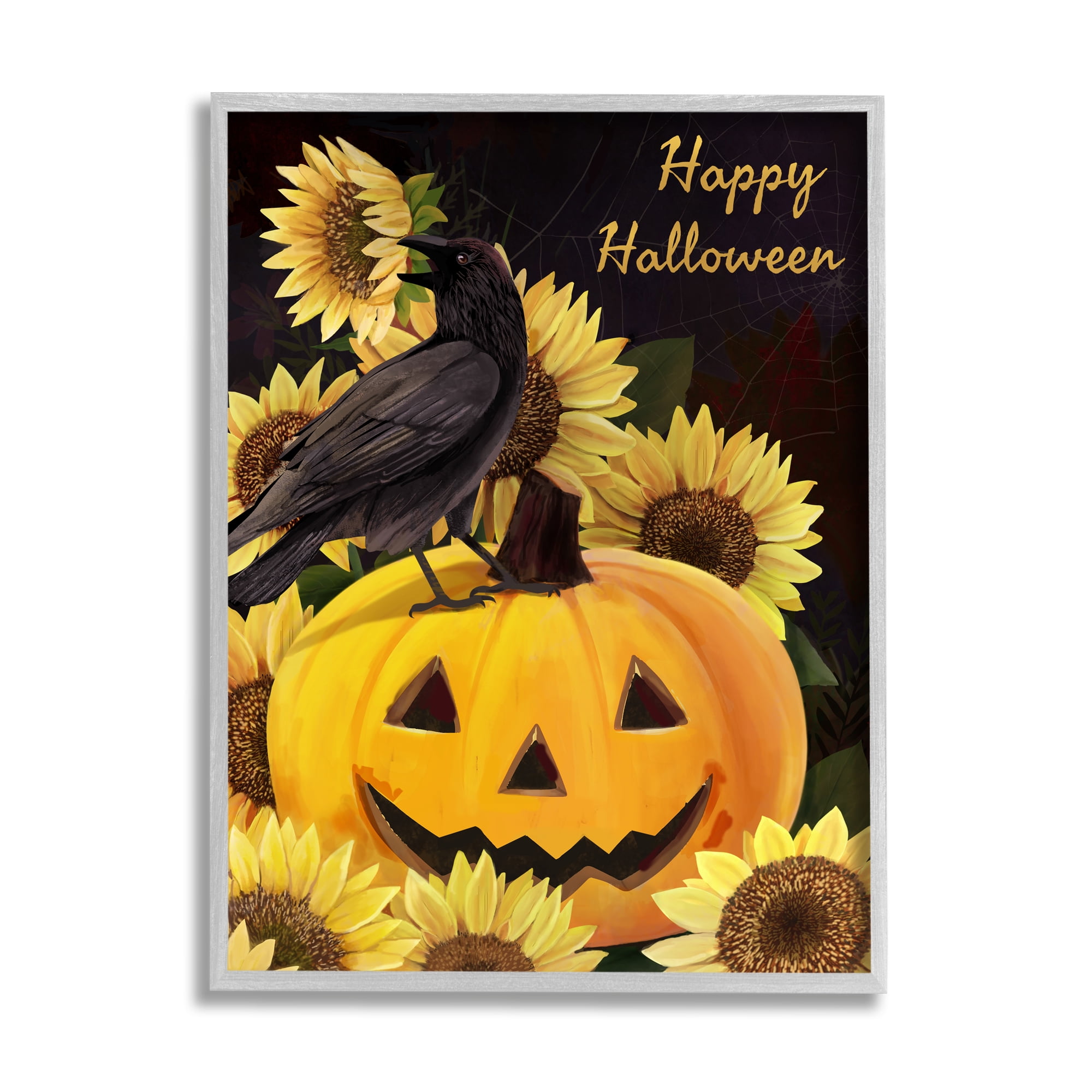 Stupell Industries Crow on Jack-o-Lantern Holiday Painting Gray Framed Art Print Wall Art, 11 x 14