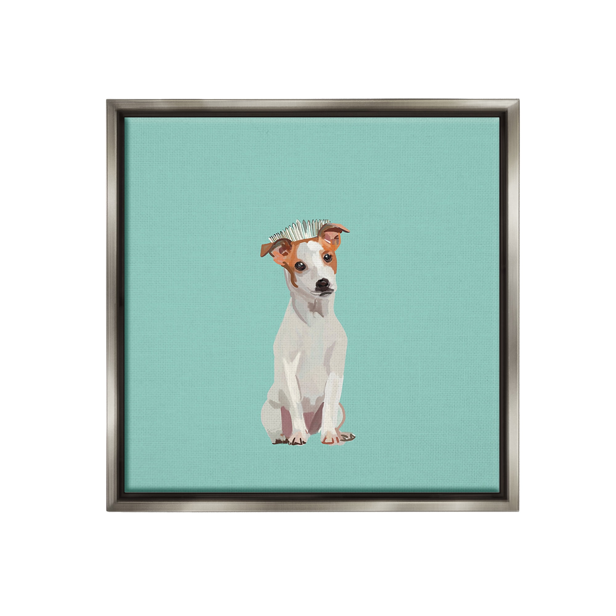 Stupell Industries Crowned Dog on Turquoise Animals & Insects Painting Gray Floater Framed Canvas Art Print Wall Art, 25 x 25