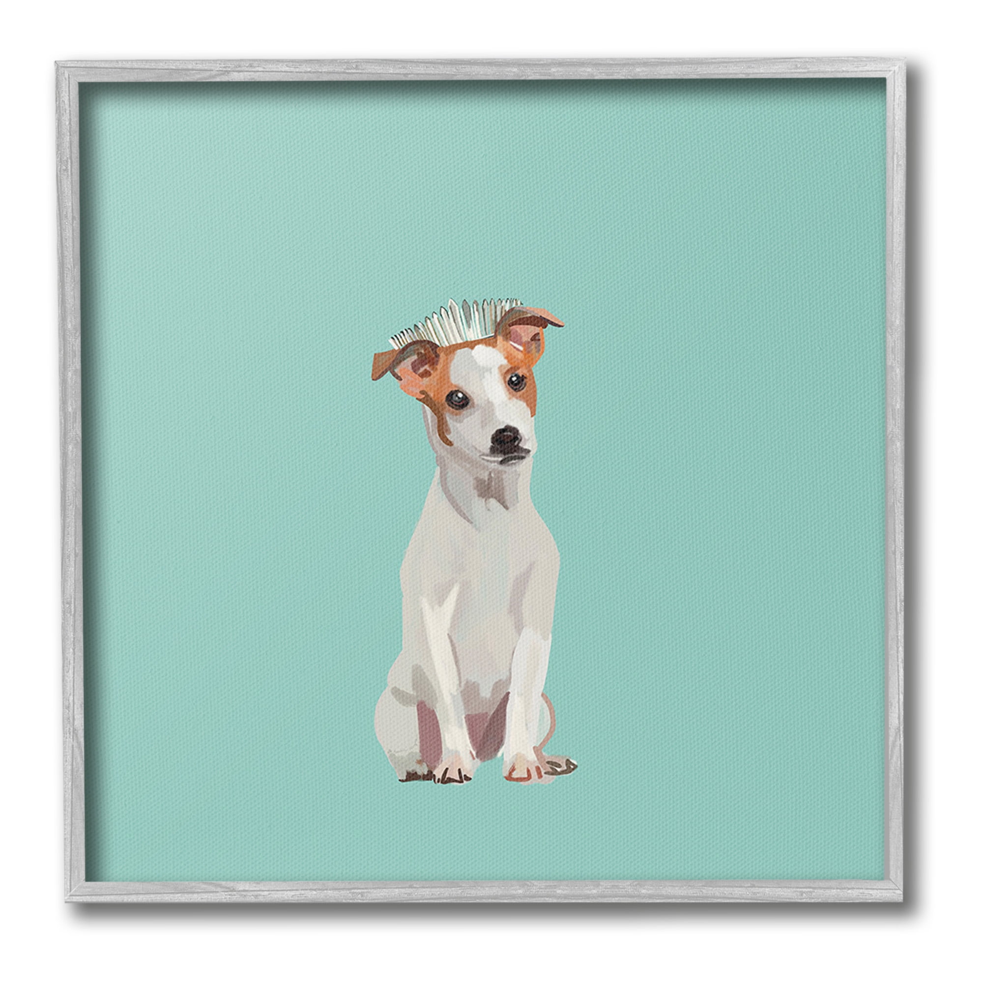 Stupell Industries Crowned Dog on Turquoise Animals & Insects Painting Gray Framed Art Print Wall Art, 12 x 12