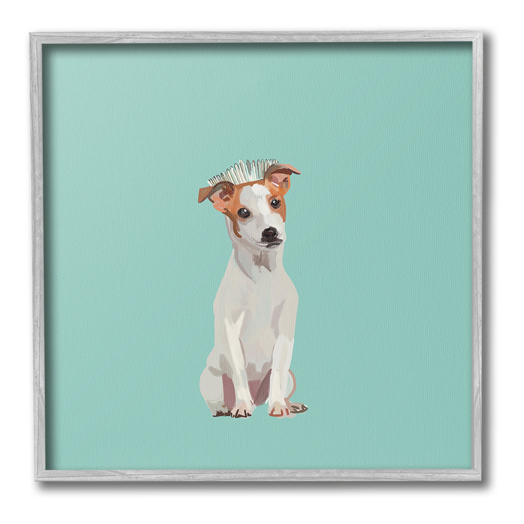 Stupell Industries Crowned Dog on Turquoise Animals & Insects Painting Gray Framed Art Print Wall Art, 24 x 24