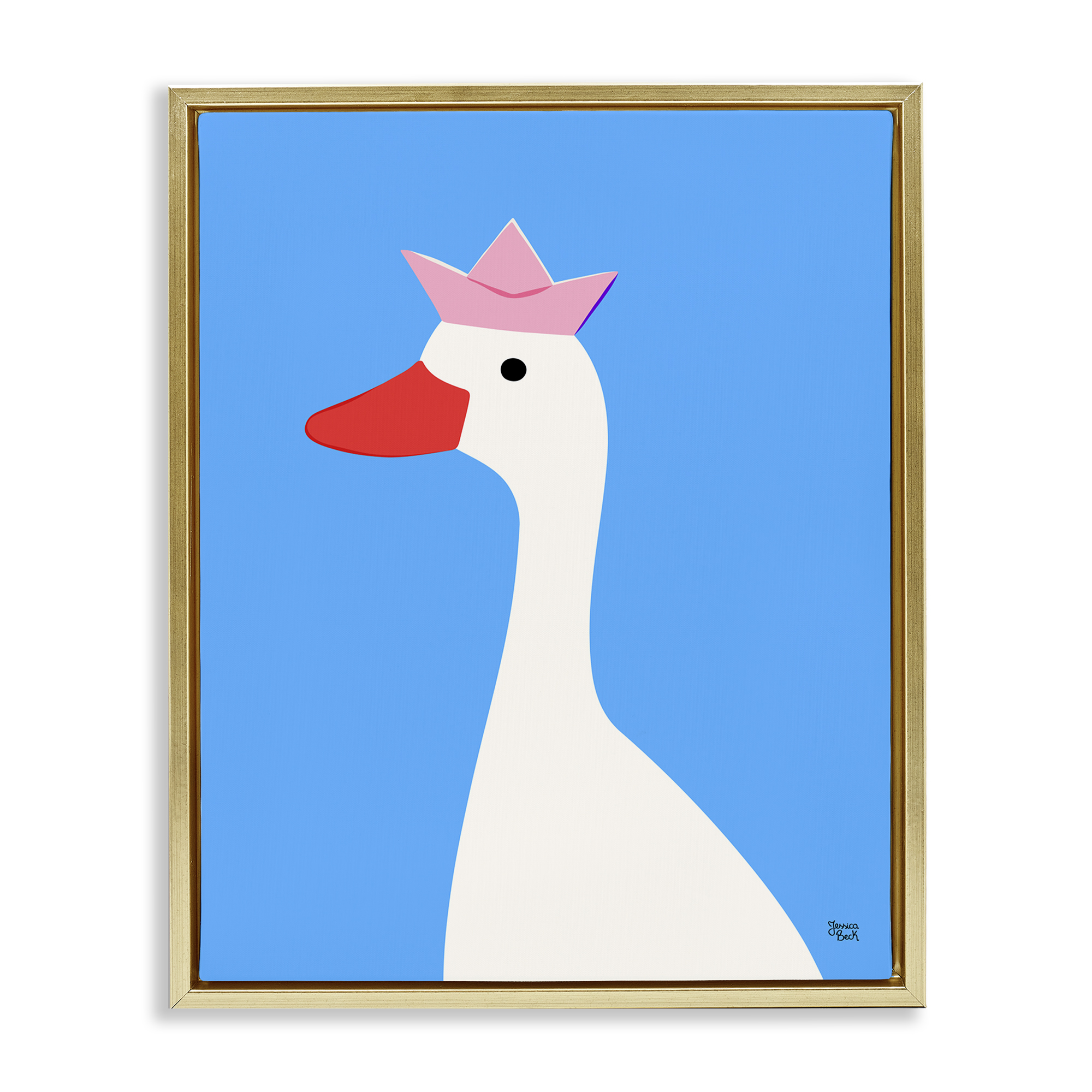 Stupell Industries Crowned Goose on Blue Animals Painting Gold Floater Framed Canvas Art Print Wall Art, 17 x 21