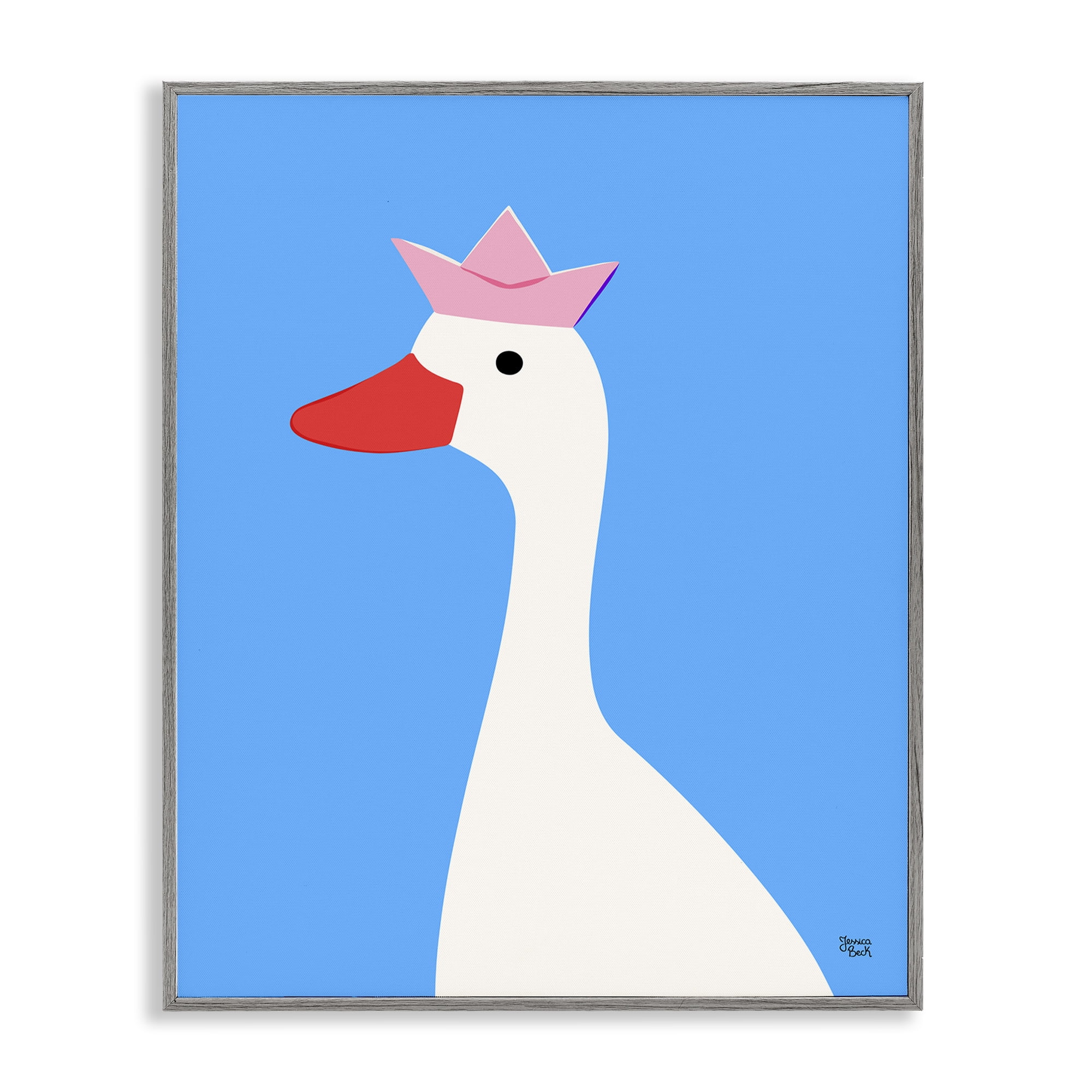 Stupell Industries Crowned Goose on Blue Animals Painting Gray Framed Art Print Wall Art, 24 x 30