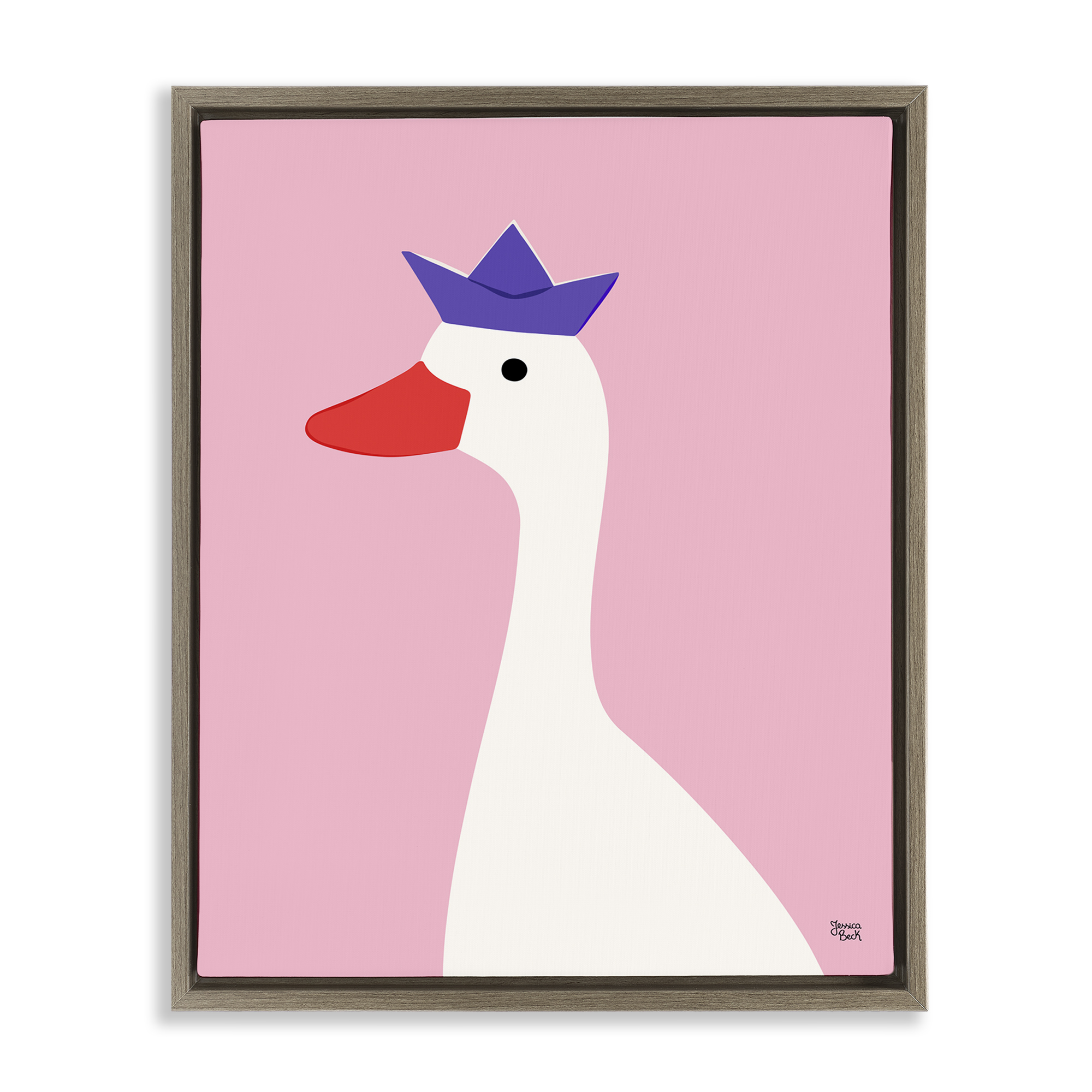 Stupell Industries Crowned Goose on Pink Animals Painting Brown Floater Framed Canvas Art Print Wall Art, 17 x 21