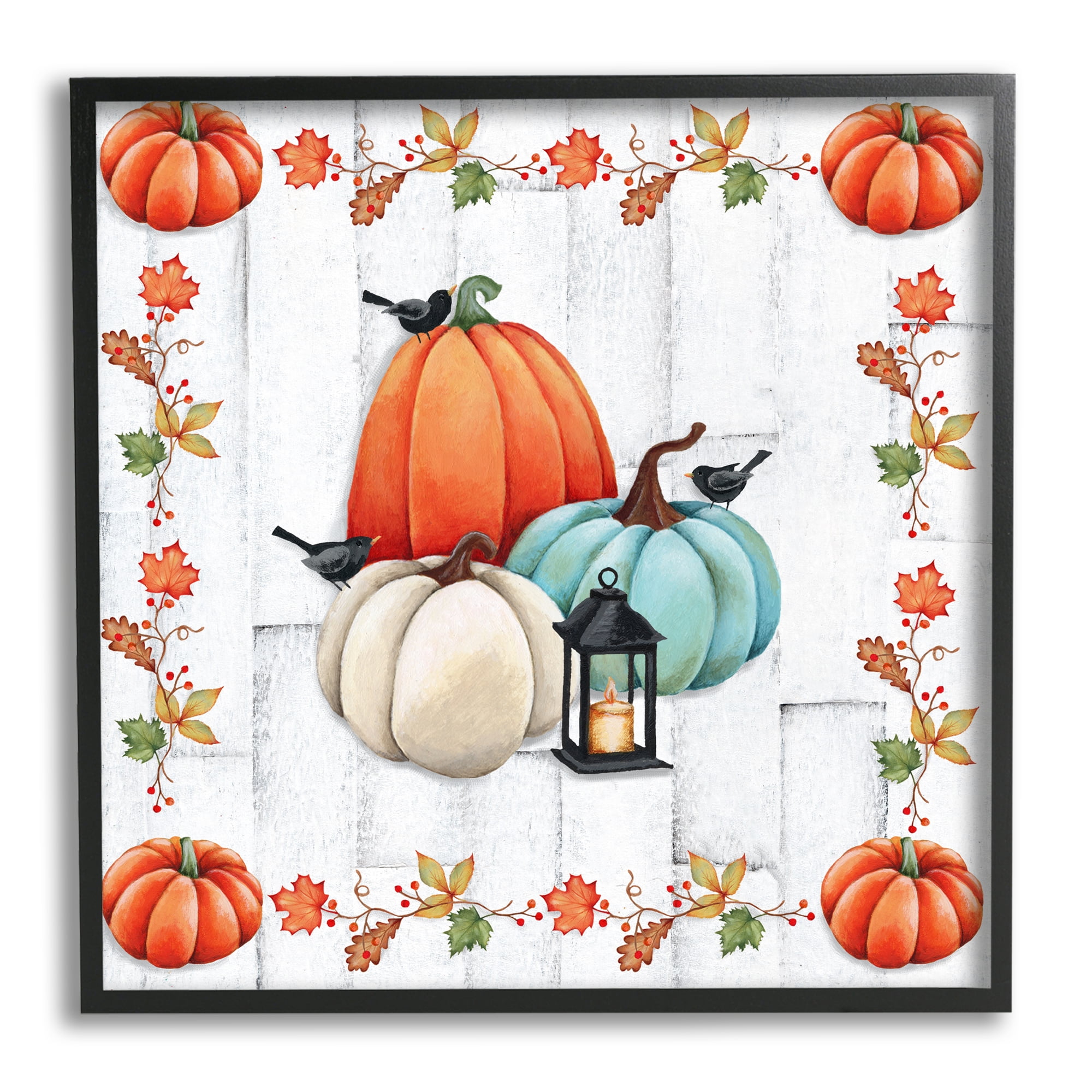 Stupell Industries Crows on Fall Pumpkins Holiday Painting Black Framed Art Print Wall Art, 12 x 12