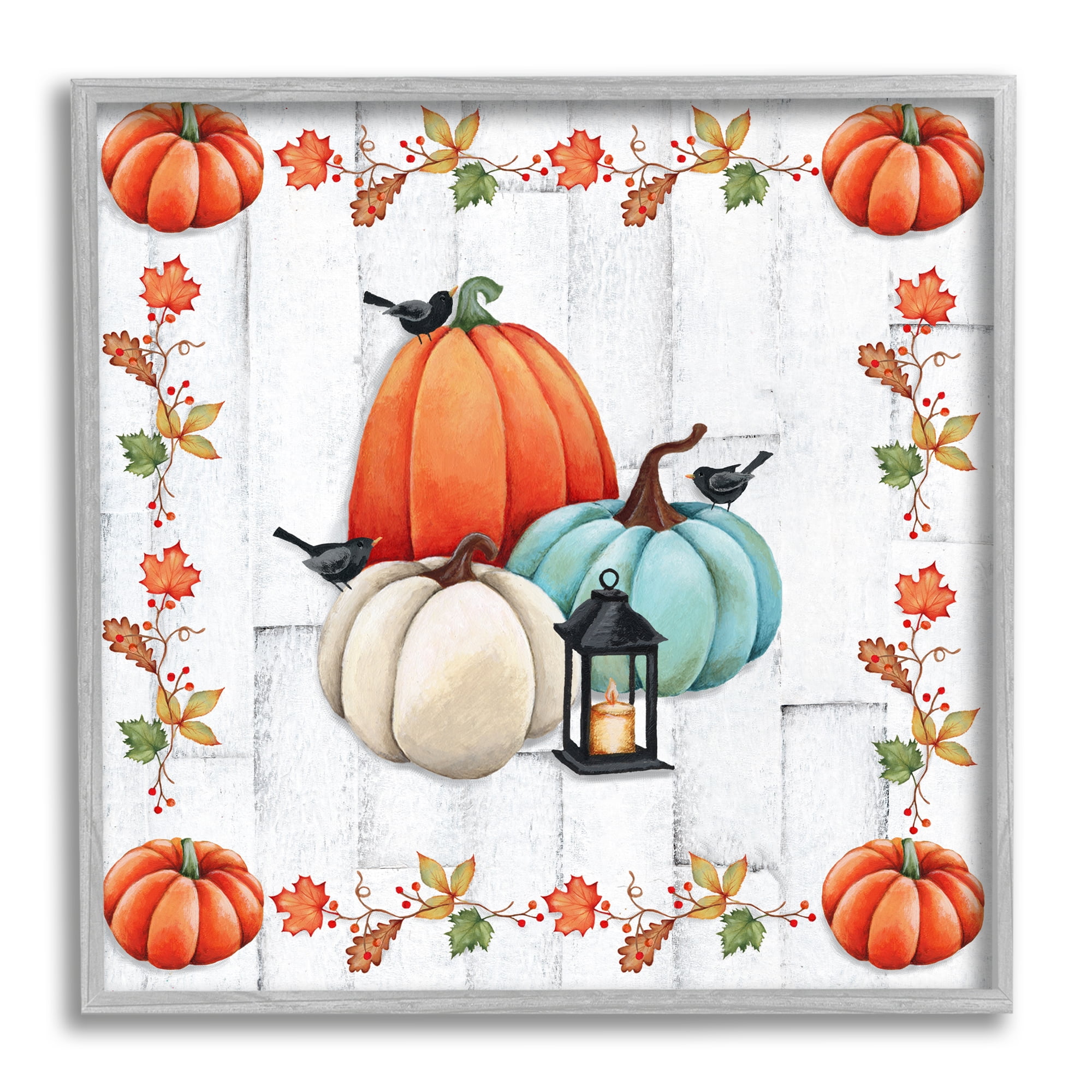 Stupell Industries Crows on Fall Pumpkins Holiday Painting Gray Framed Art Print Wall Art, 12 x 12