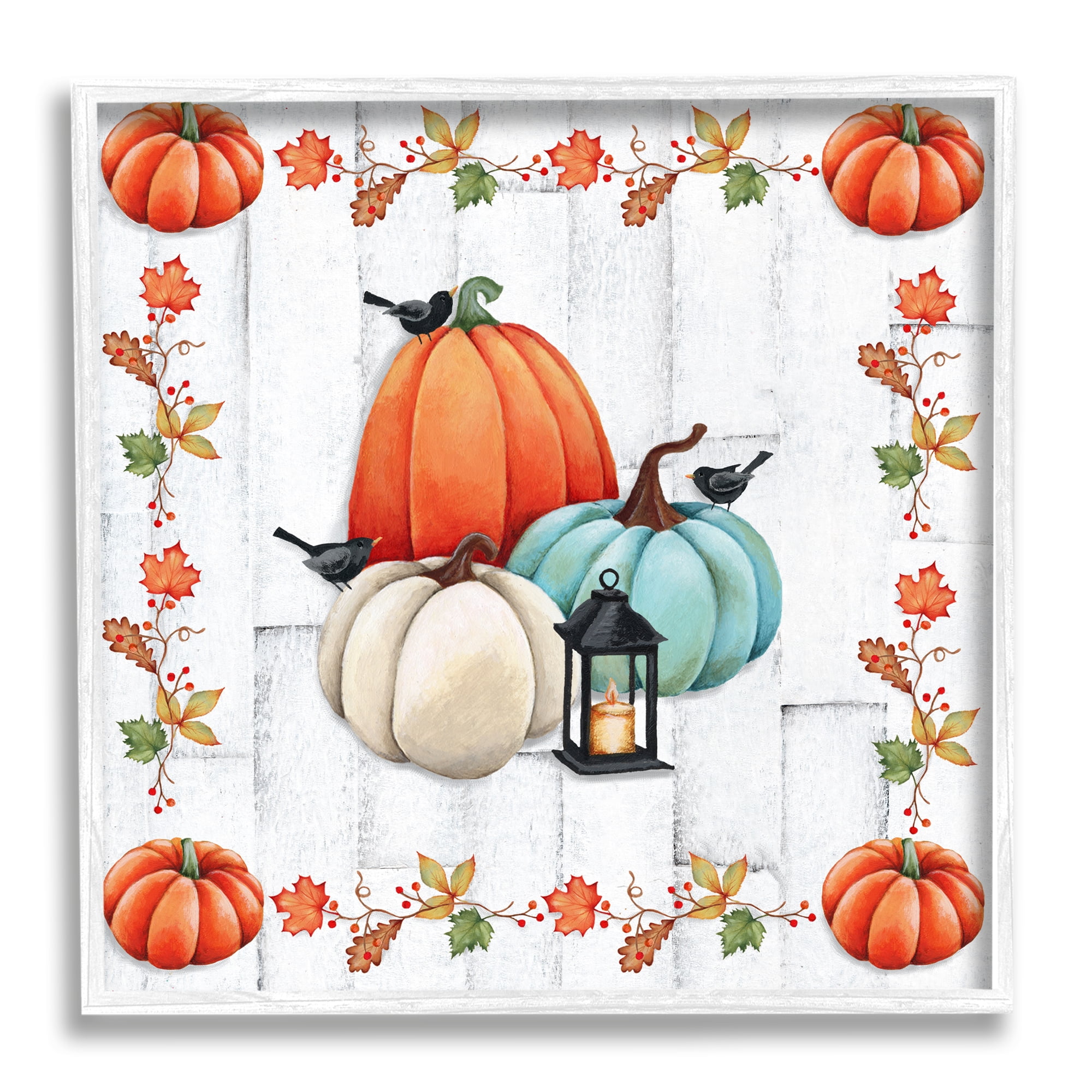 Stupell Industries Crows on Fall Pumpkins Holiday Painting White Framed Art Print Wall Art, 17 x 17