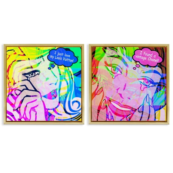 Stupell Industries Crying Comic Fashionistas People Painting Gold Floater Framed Canvas Art Print Wall Art, 18 x 18, Set of 2