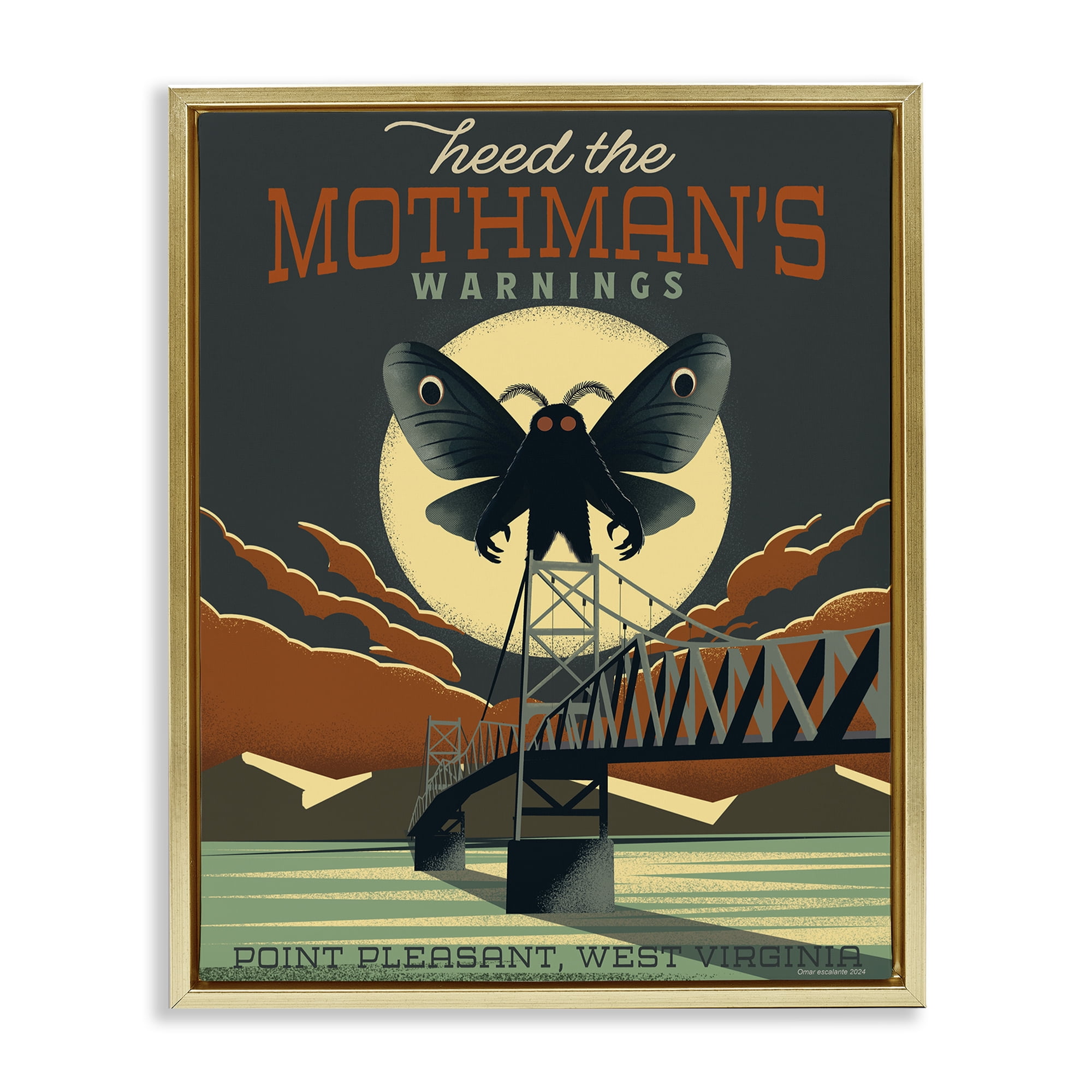 Stupell Industries Cryptid Tourism West Virginia Gold Framed Floater Canvas Wall Art, design by Omar Escalante