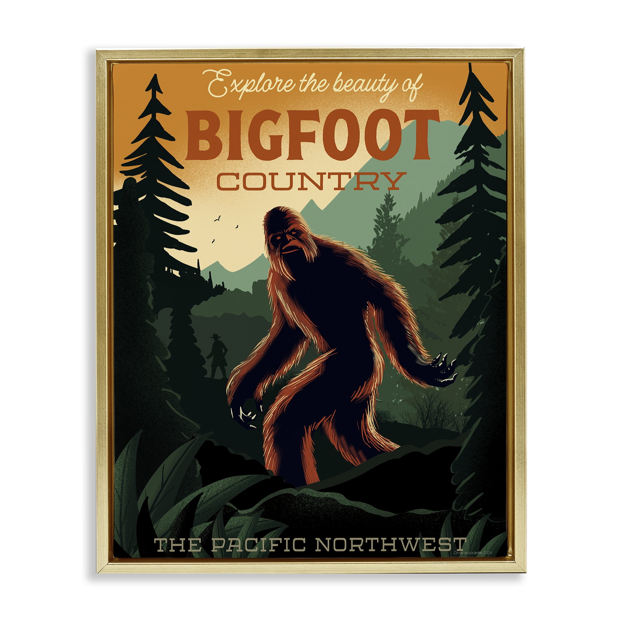 Stupell Industries Cryptid Tourism Wildlife Gold Framed Floater Canvas Wall Art, design by Omar Escalante