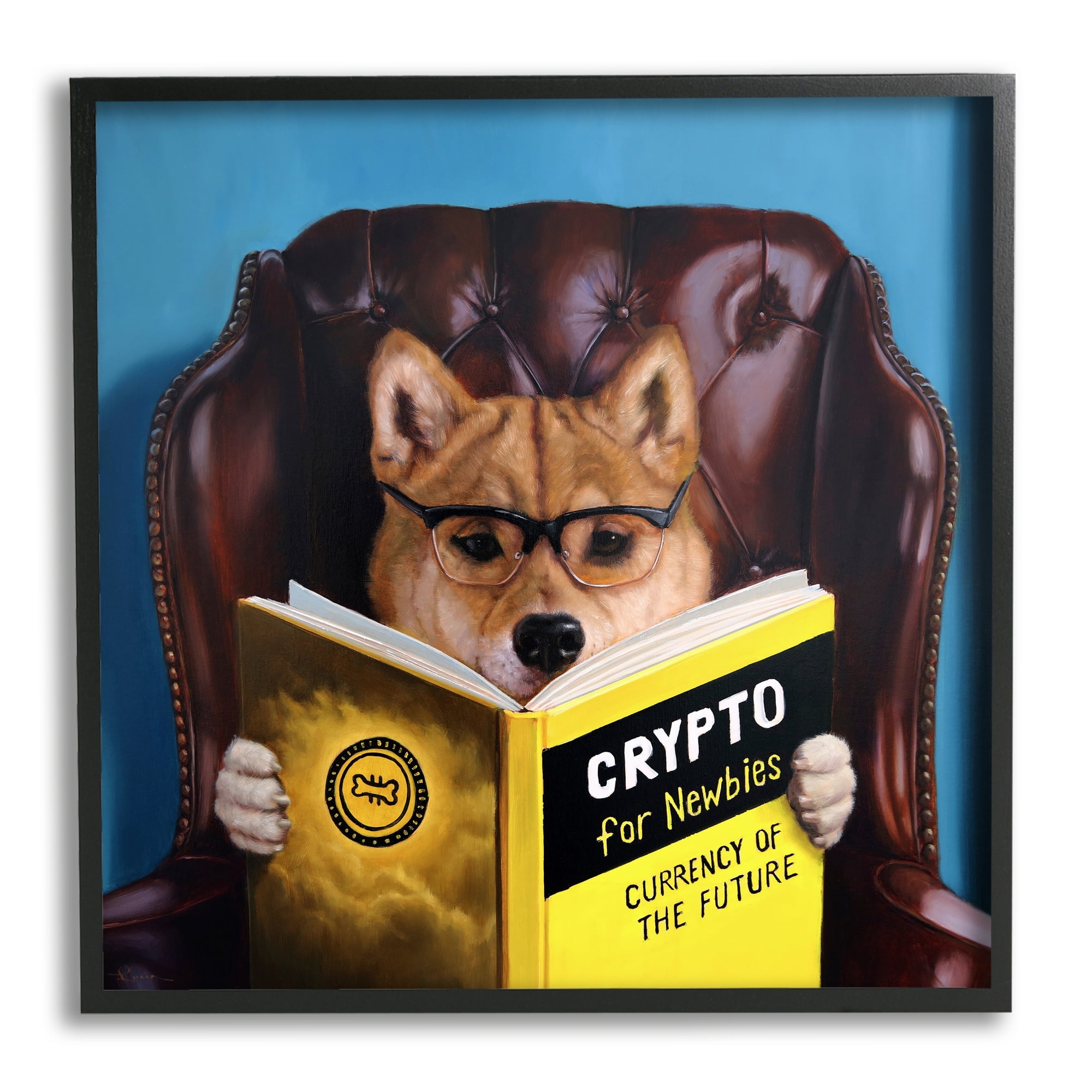 Stupell Industries Crypto For Newbies Funny Dog Reading Book Armchair  Painting Black Framed Art Print Wall Art, Design by Lucia Heffernan