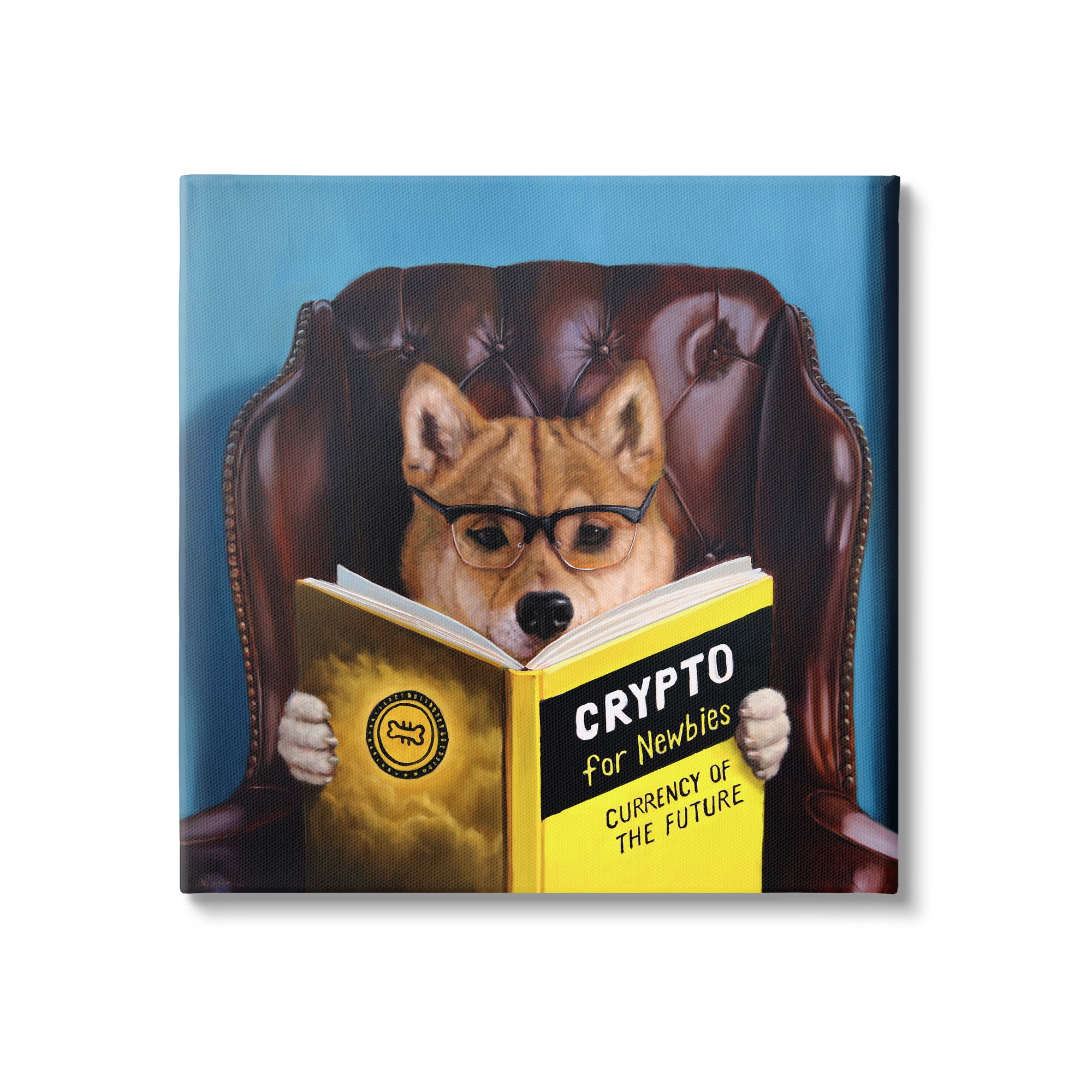Stupell Industries Crypto For Newbies Funny Dog Reading Book Armchair Painting Gallery Wrapped Canvas Print Wall Art, Design by Lucia Heffernan