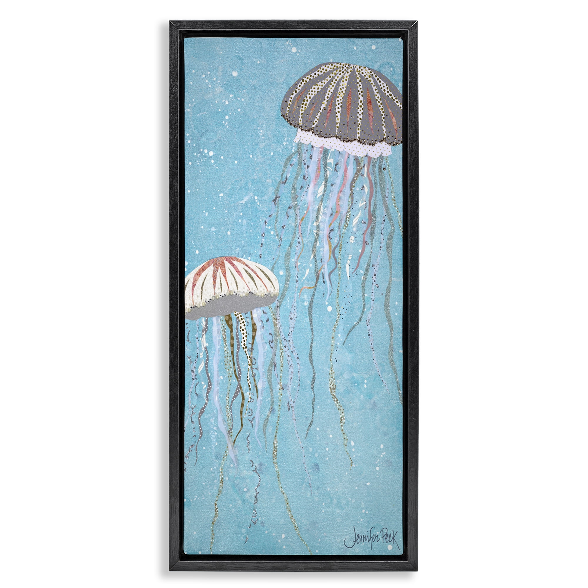 Stupell Industries Crystal Jellyfish Motif Animals & Insects Painting Black Floater Framed Canvas Art Print Wall Art, 11 x 25