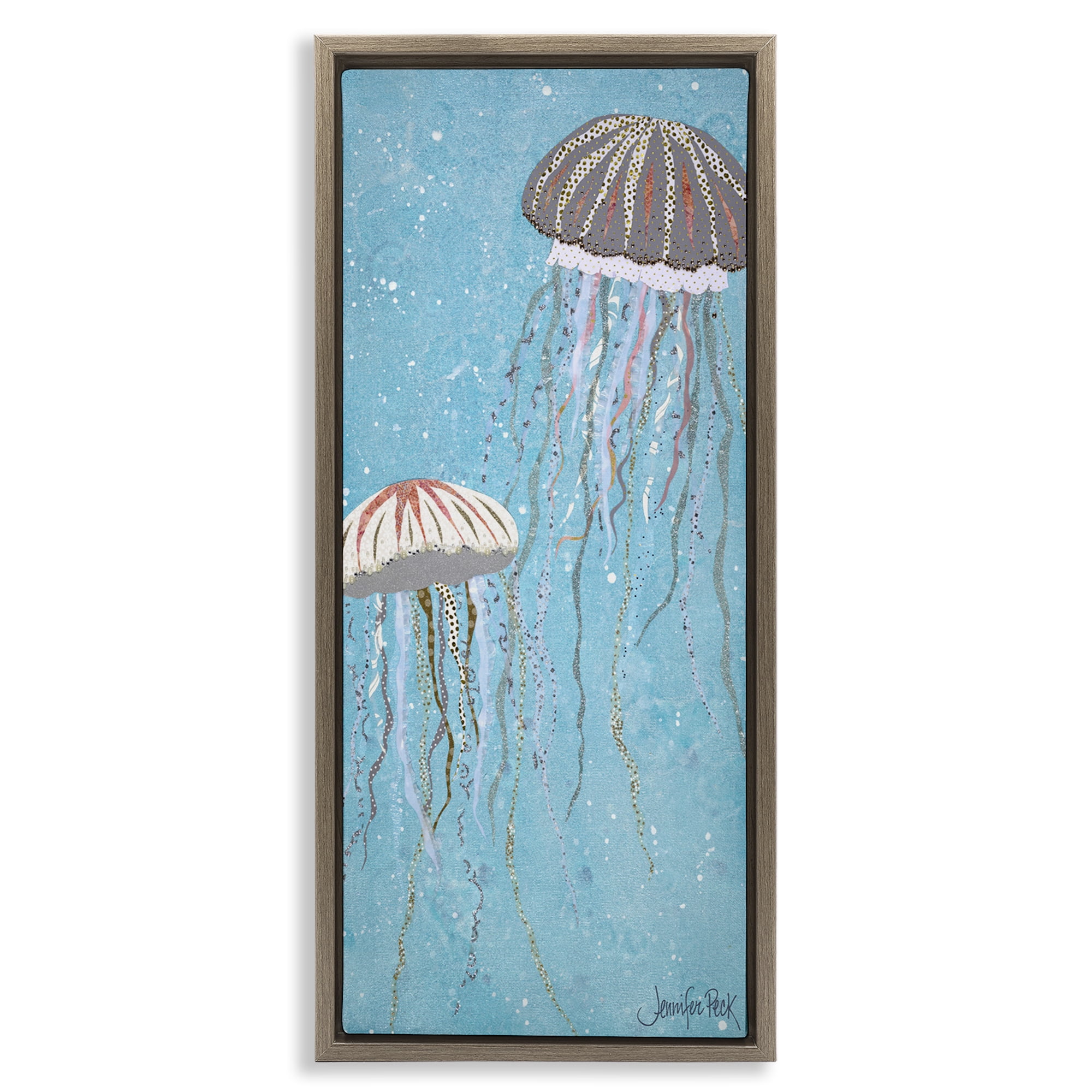 Stupell Industries Crystal Jellyfish Motif Animals & Insects Painting Brown Floater Framed Canvas Art Print Wall Art, 15 x 31
