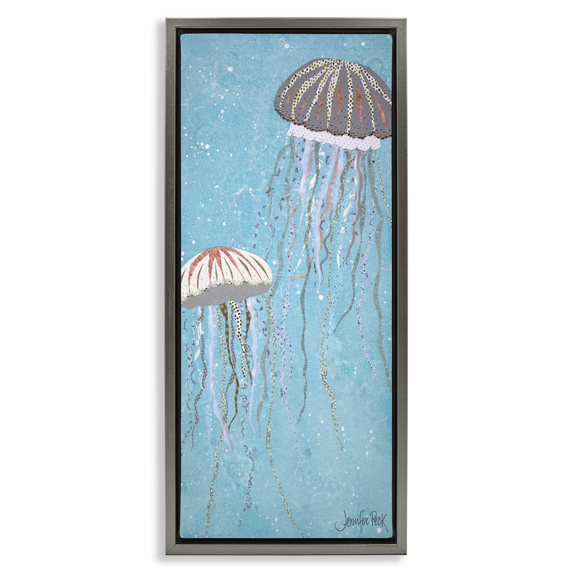 Stupell Industries Crystal Jellyfish Motif Animals & Insects Painting Gray Floater Framed Canvas Art Print Wall Art, 15 x 31
