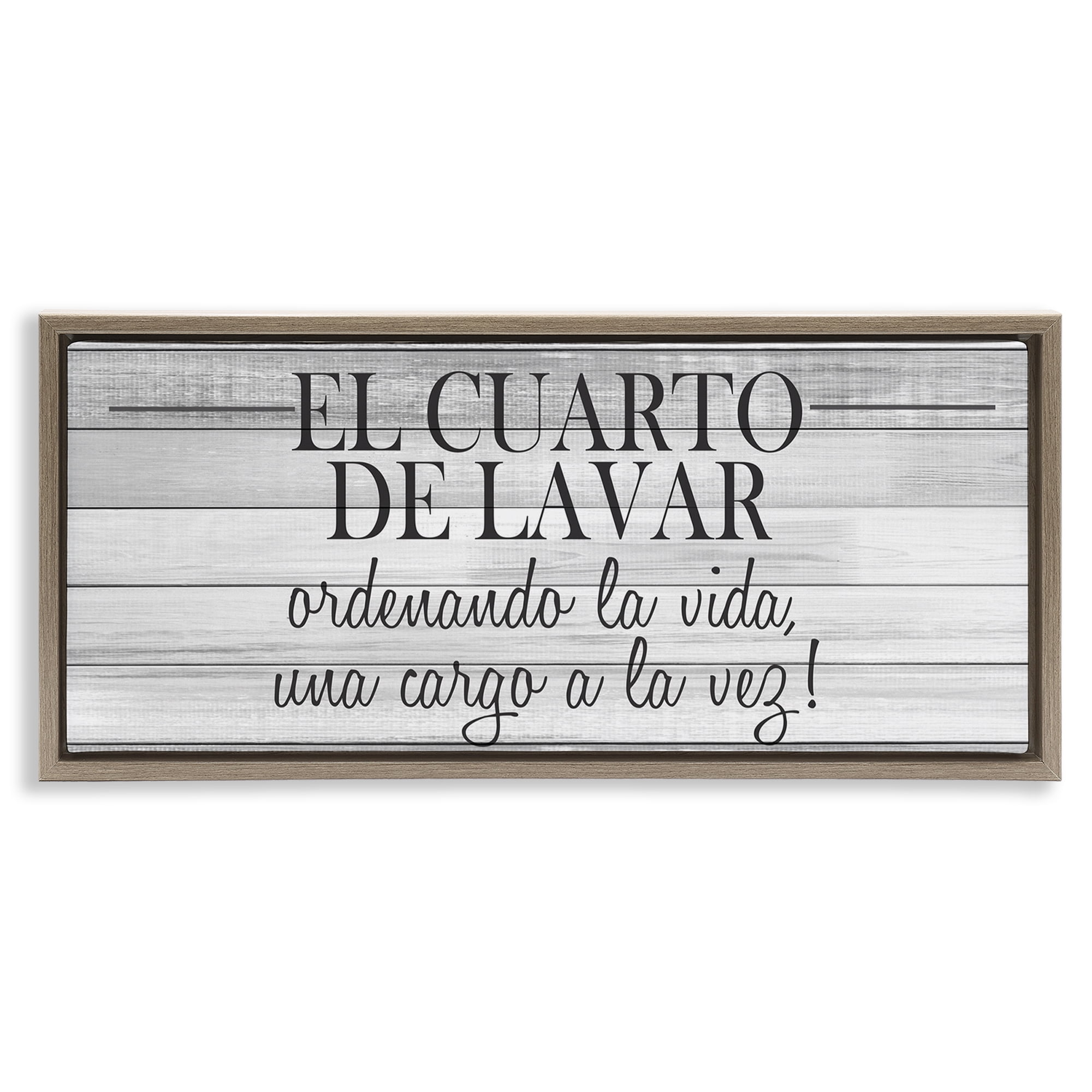 Stupell Industries Cuarto de Lavar Ordenando la Vida Bath & Laundry Painting Brown Floater Framed Art Print Wall Art, 25 x 11