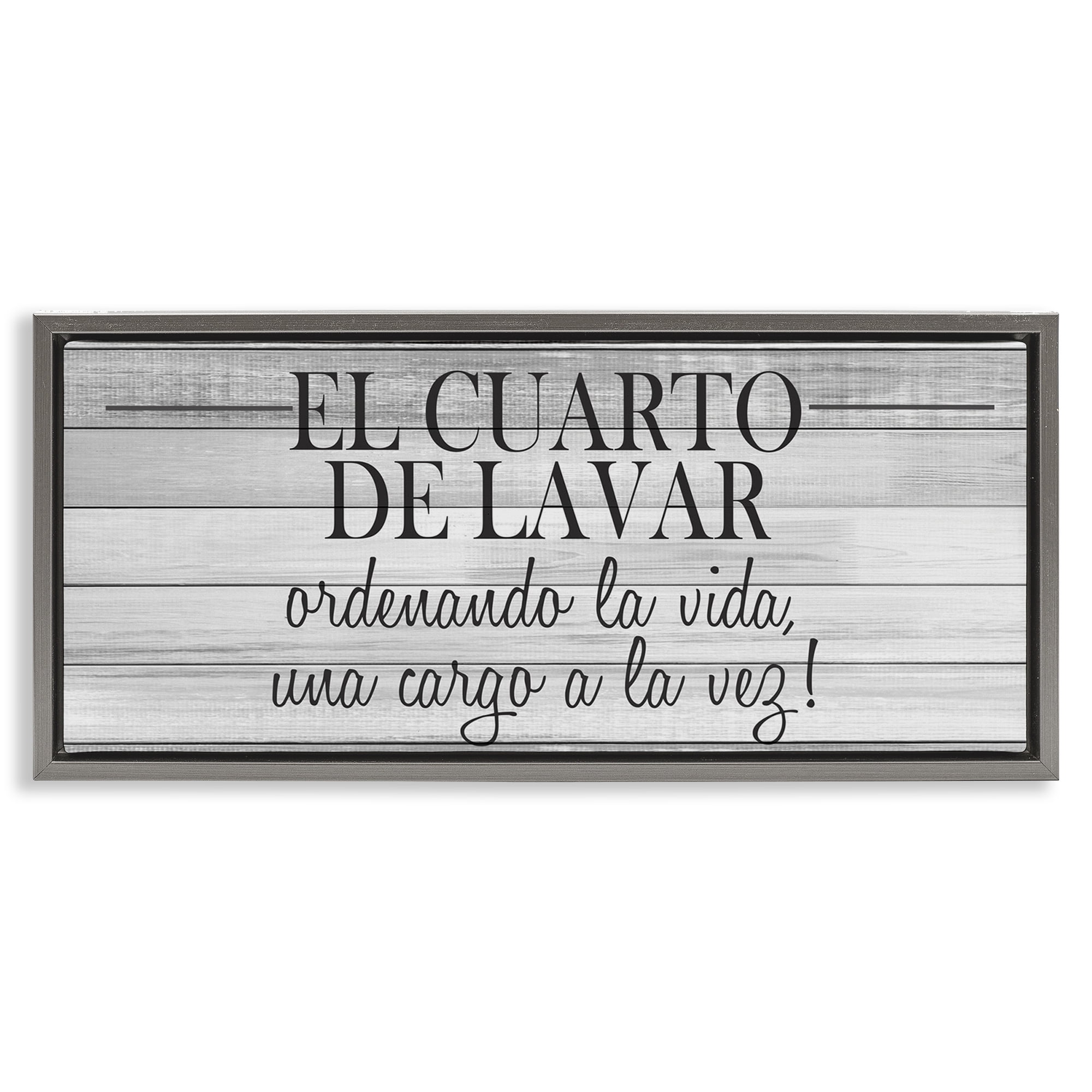 Stupell Industries Cuarto de Lavar Ordenando la Vida Bath & Laundry Painting Gray Floater Framed Art Print Wall Art, 31 x 14