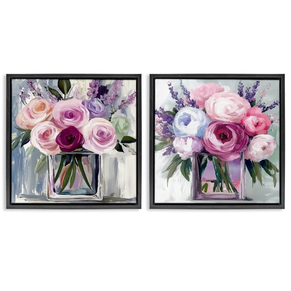 Stupell Industries Cubic Vases of Flowers 2 Piece Black Framed Floater Canvas Set design by Annabelle Hall, 18 x 18