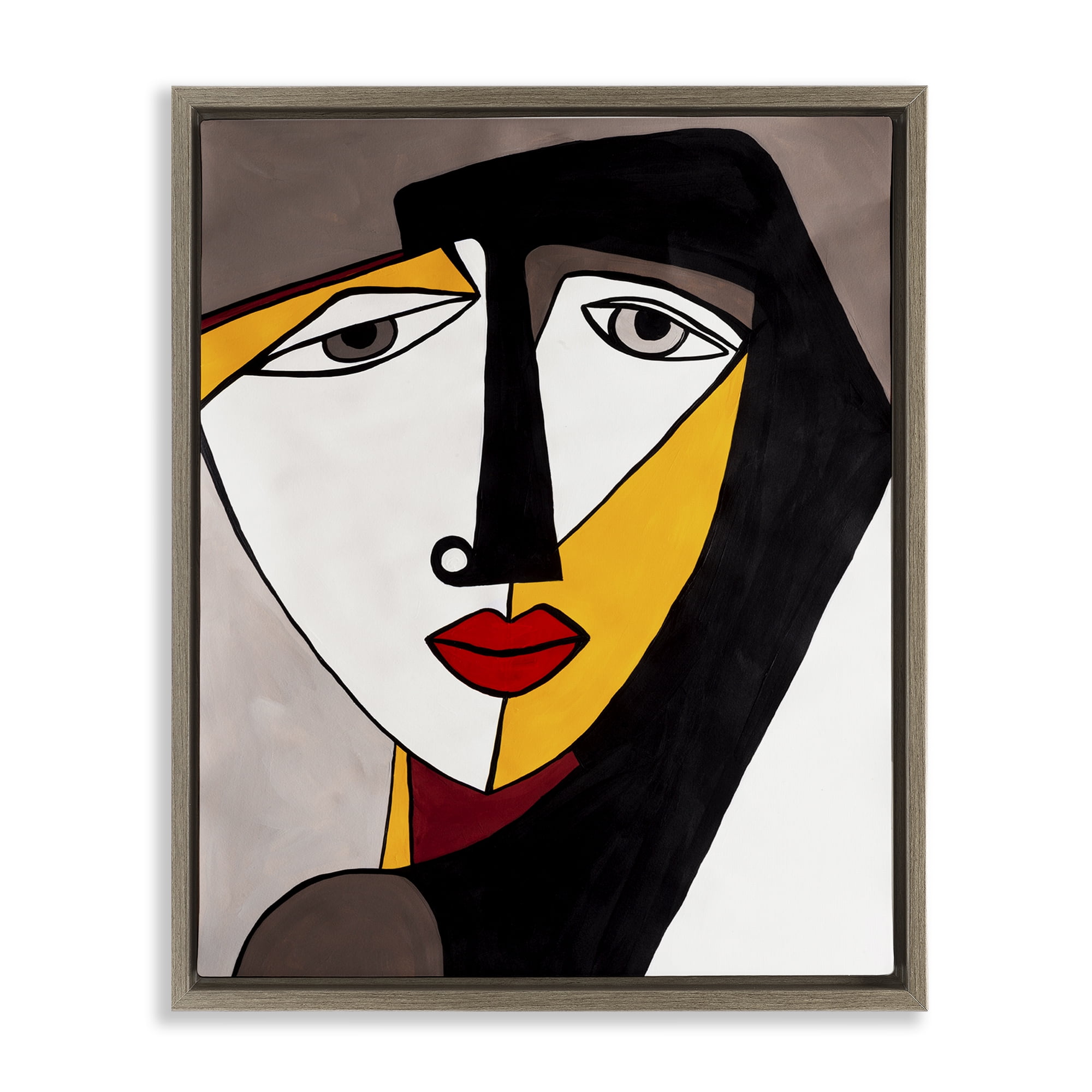 Stupell Industries Cubism Female Face People Painting Brown Floater Framed Canvas Art Print Wall Art, 17 x 21