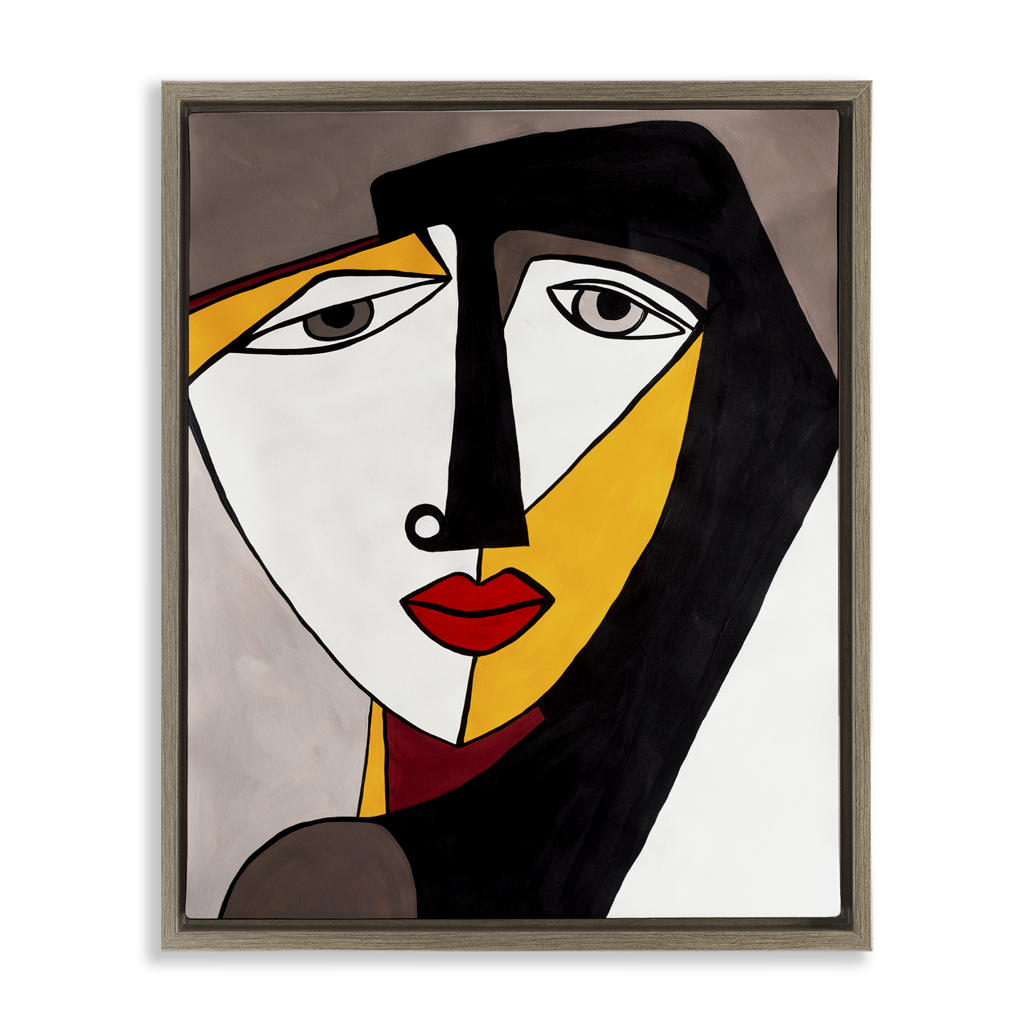 Stupell Industries Cubism Female Face People Painting Brown Floater Framed Canvas Art Print Wall Art, 25 x 31