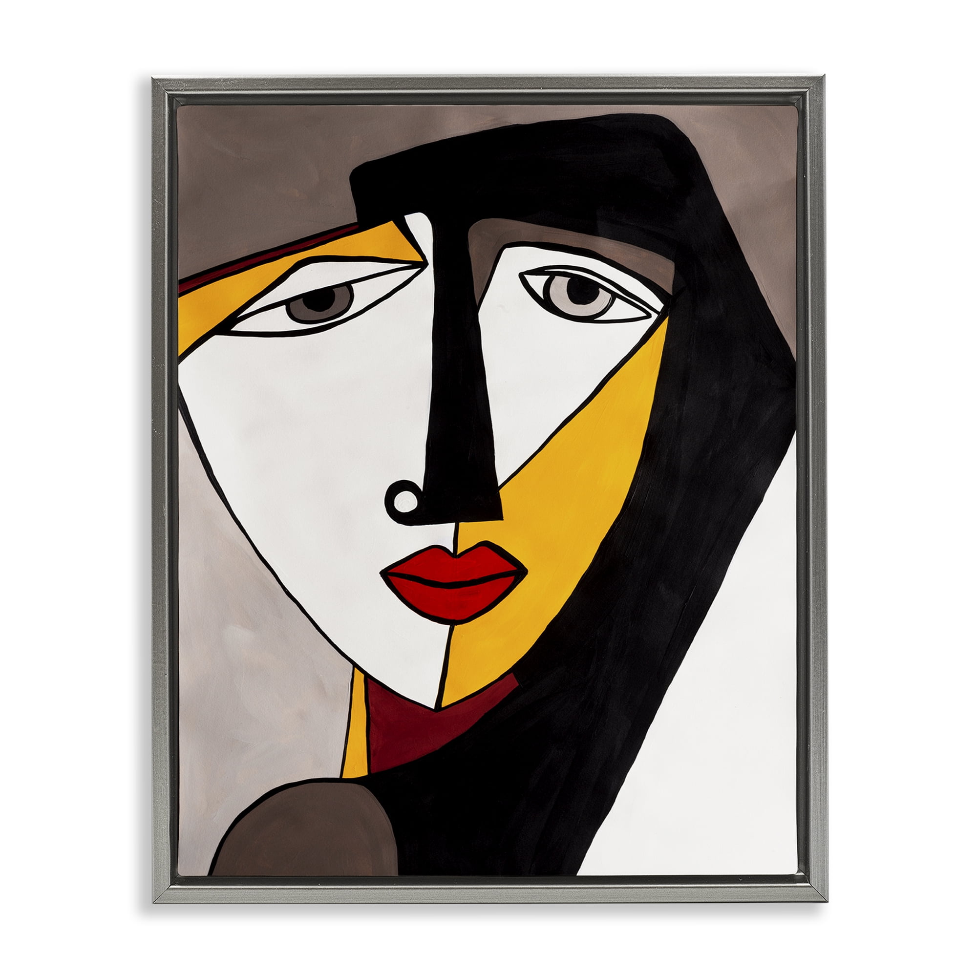 Stupell Industries Cubism Female Face People Painting Gray Floater Framed Canvas Art Print Wall Art, 25 x 31