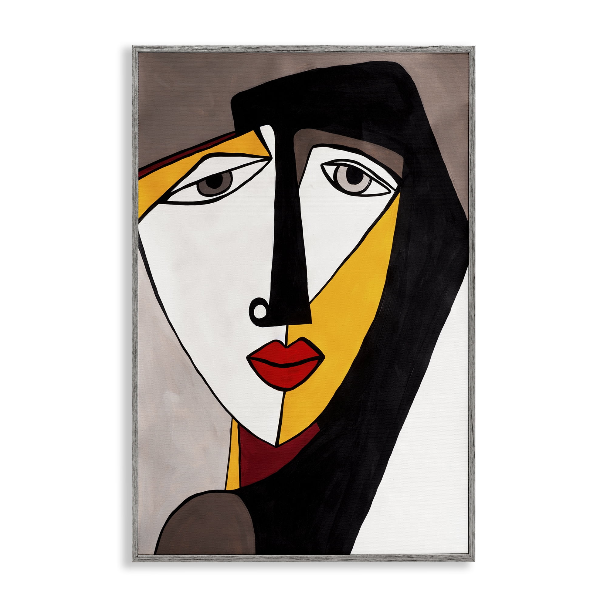 Stupell Industries Cubist Bold Face Abstract Painting Gray Framed Art Print Wall Art, 12 x 18