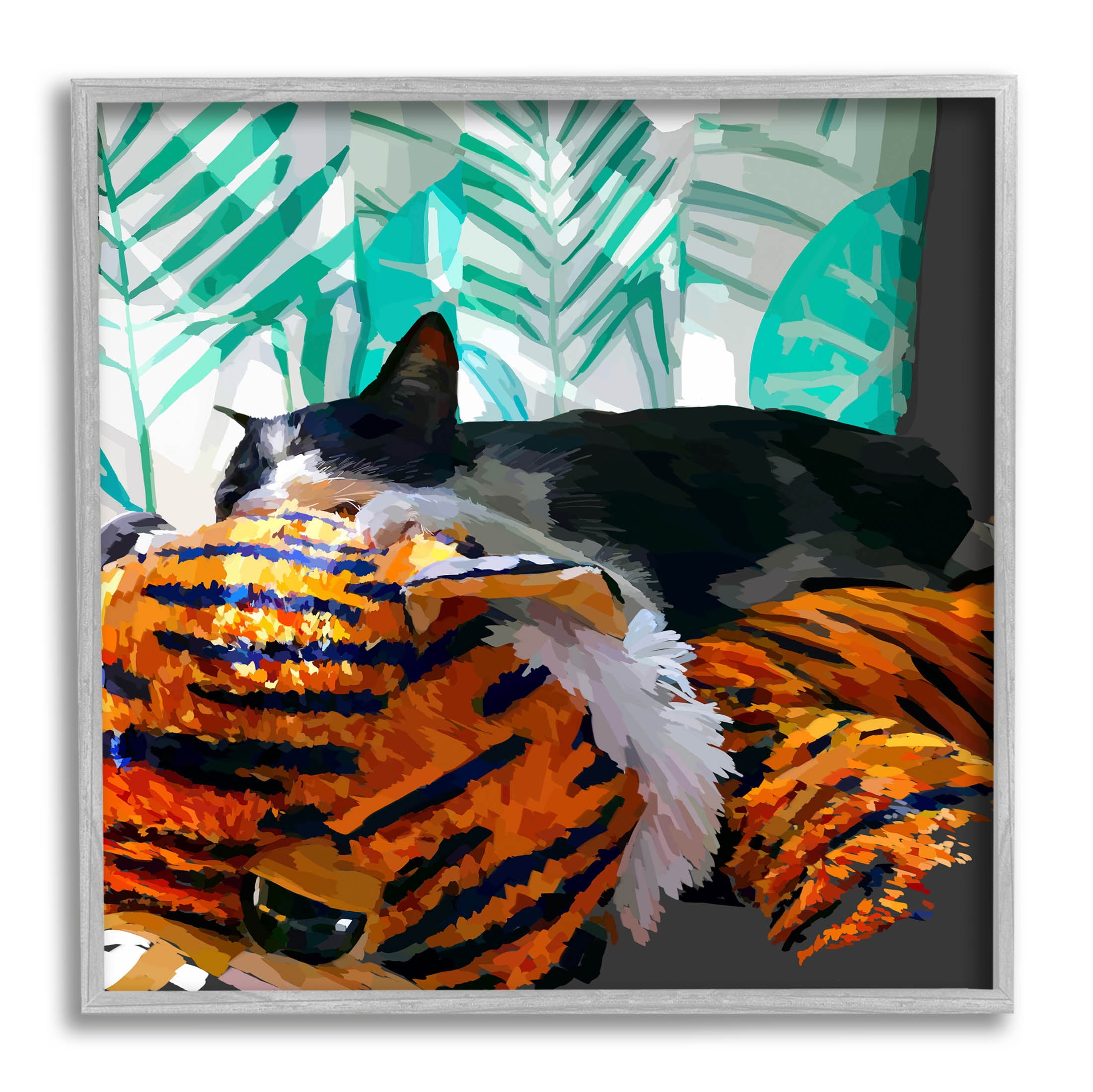 Stupell Industries Cuddling Cat Cozy Relaxing Pet Graphic Art Gray Framed Art Print Wall Art, Design by Emily Kalina